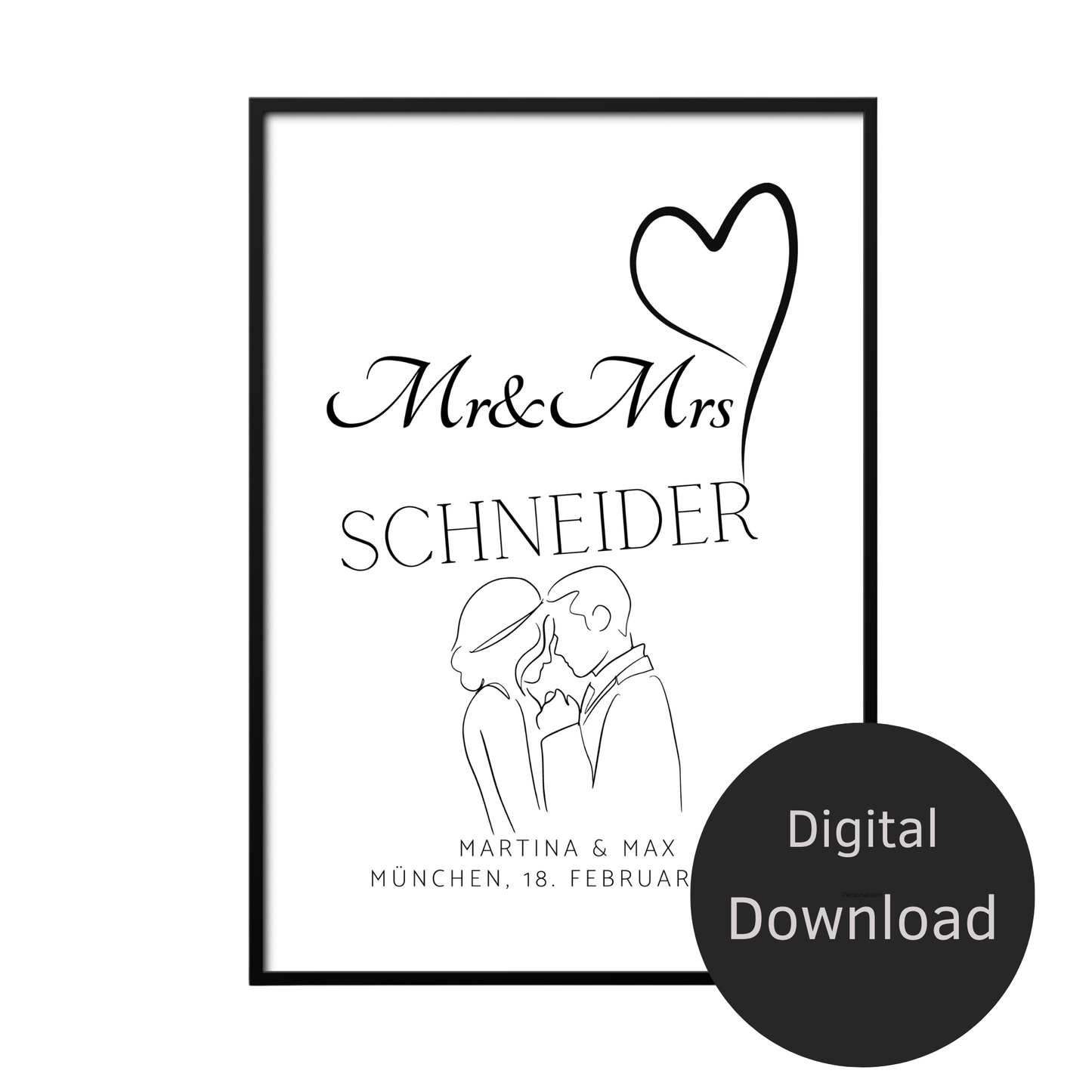 Personalisierbares Hochzeitsposter „Mr & Mrs“ mit Herz & Brautpaar. Digitaler Download, Last Minute Geschenkidee – jetzt individuell gestalten.