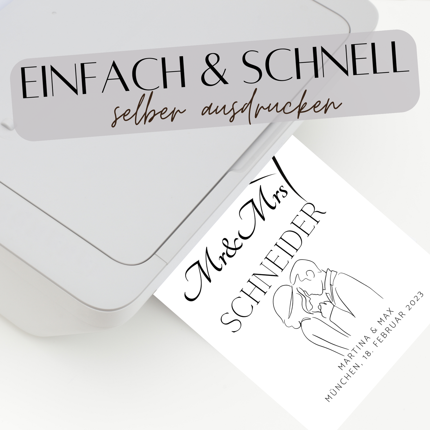 Personalisierbares Hochzeitsposter „Mr & Mrs“ mit Herz & Brautpaar. Digitaler Download, Last Minute Geschenkidee – jetzt individuell gestalten.