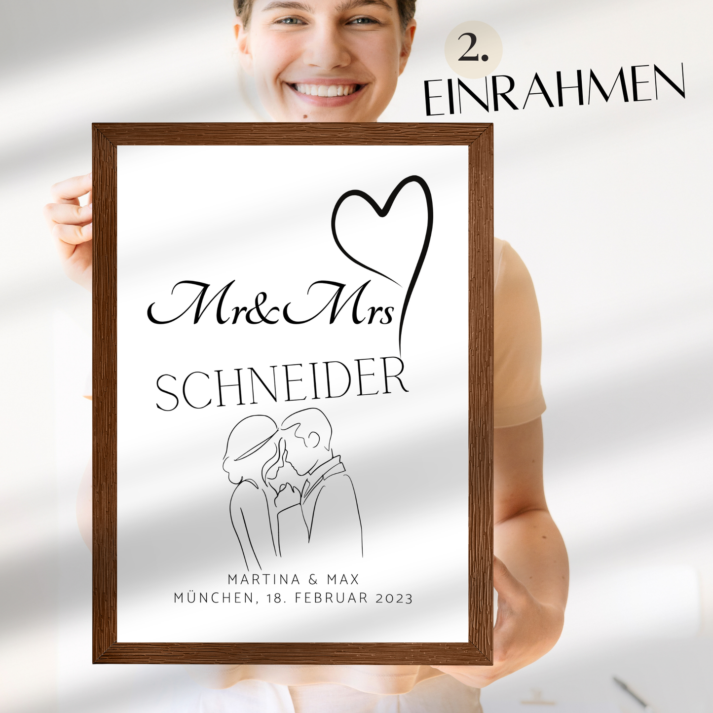 Personalisierbares Hochzeitsposter „Mr & Mrs“ mit Herz & Brautpaar. Digitaler Download, Last Minute Geschenkidee – jetzt individuell gestalten.