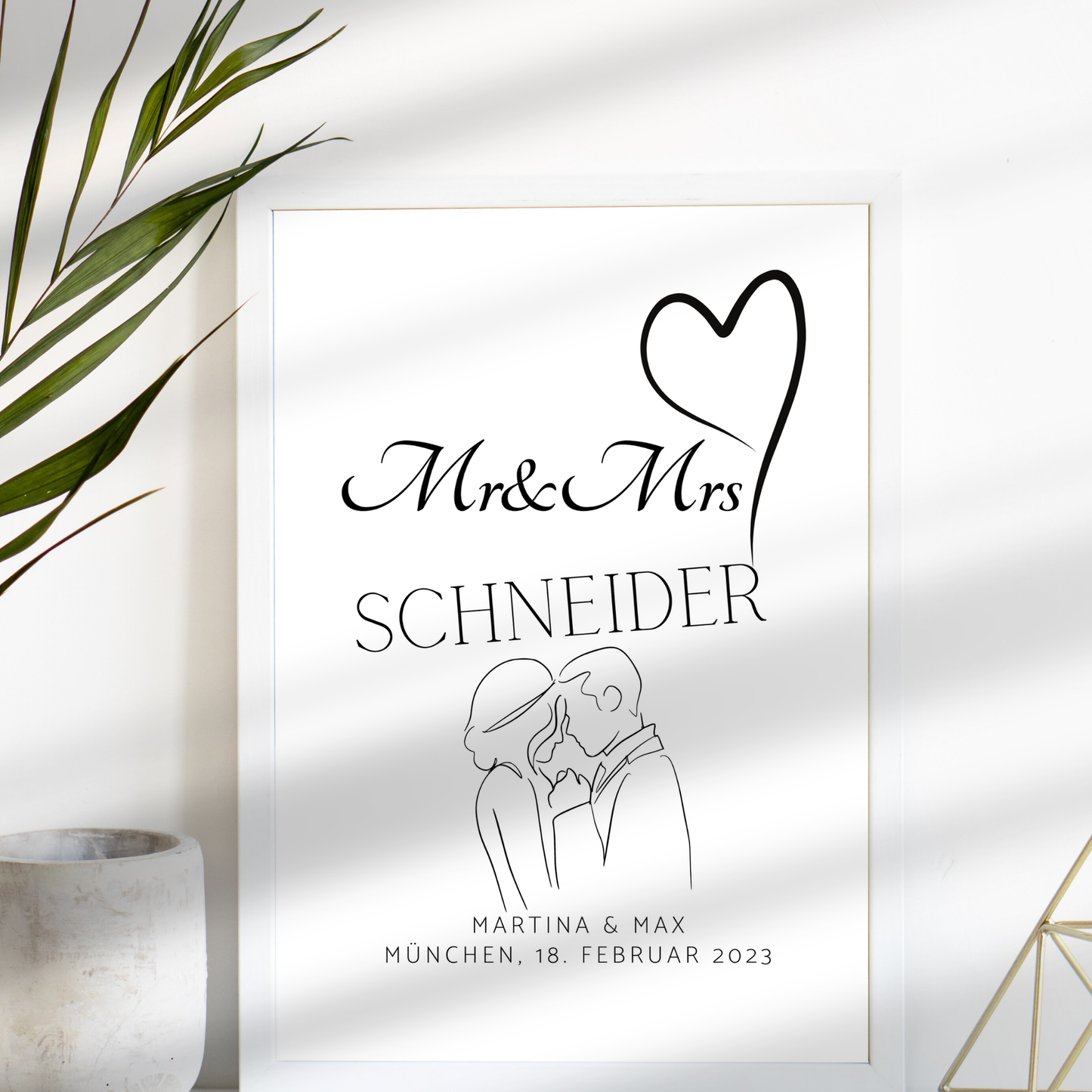 Personalisierbares Hochzeitsposter „Mr & Mrs“ mit Herz & Brautpaar. Digitaler Download, Last Minute Geschenkidee – jetzt individuell gestalten.