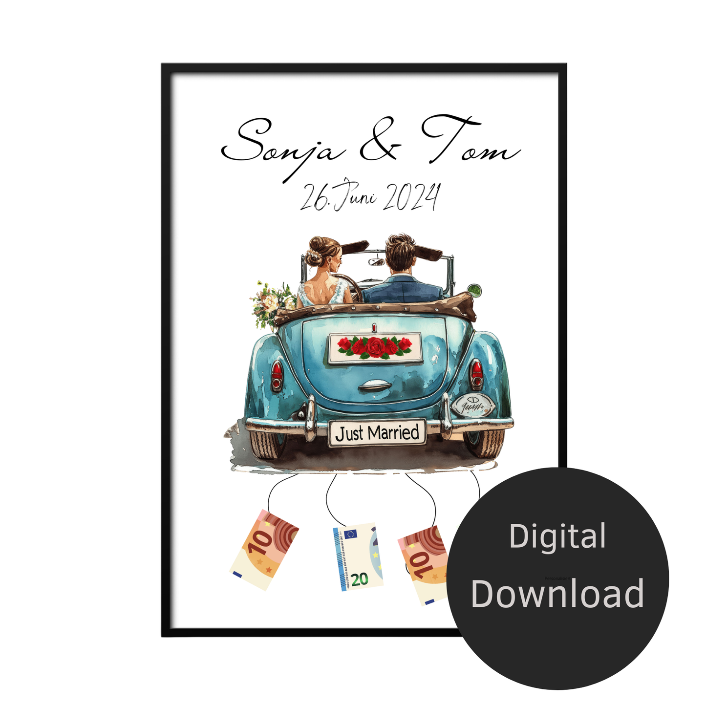 Personalisierte Geldgeschenk-Vorlage Hochzeit mit Hochzeitsauto & Brautpaar. Digitaler Download zum Ausdrucken. Last-Minute-Geschenkidee.