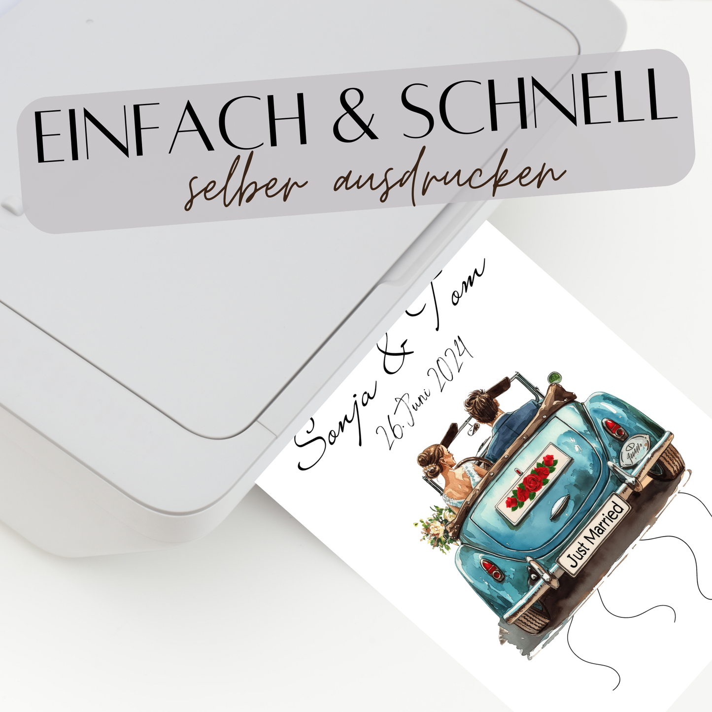 Personalisierte Geldgeschenk-Vorlage Hochzeit mit Hochzeitsauto & Brautpaar. Digitaler Download zum Ausdrucken. Last-Minute-Geschenkidee.