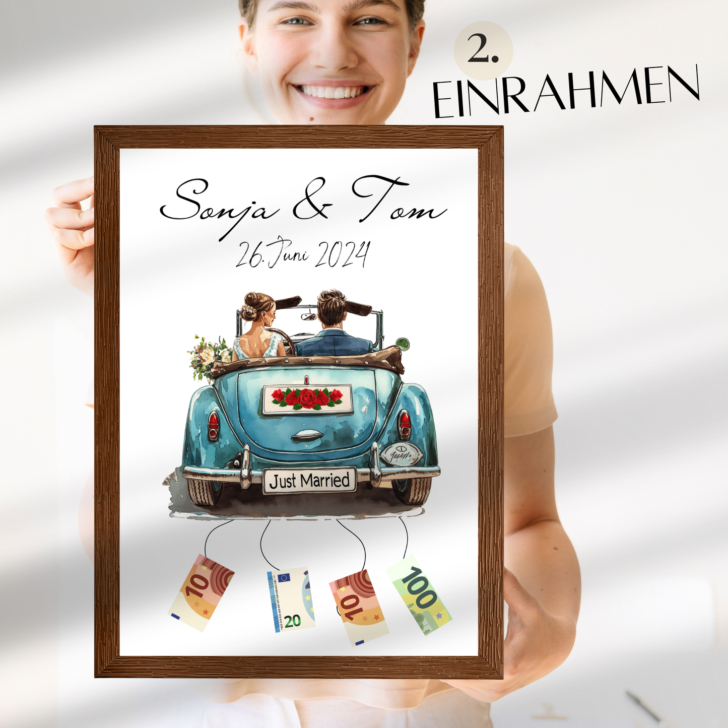 Personalisierte Geldgeschenk-Vorlage Hochzeit mit Hochzeitsauto & Brautpaar. Digitaler Download zum Ausdrucken. Last-Minute-Geschenkidee.