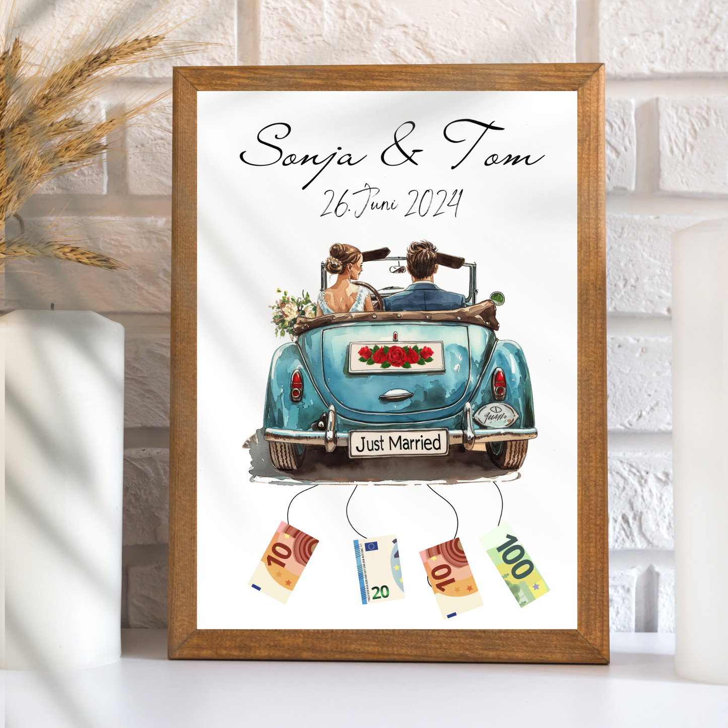 Personalisierte Geldgeschenk-Vorlage Hochzeit mit Hochzeitsauto & Brautpaar. Digitaler Download zum Ausdrucken. Last-Minute-Geschenkidee.