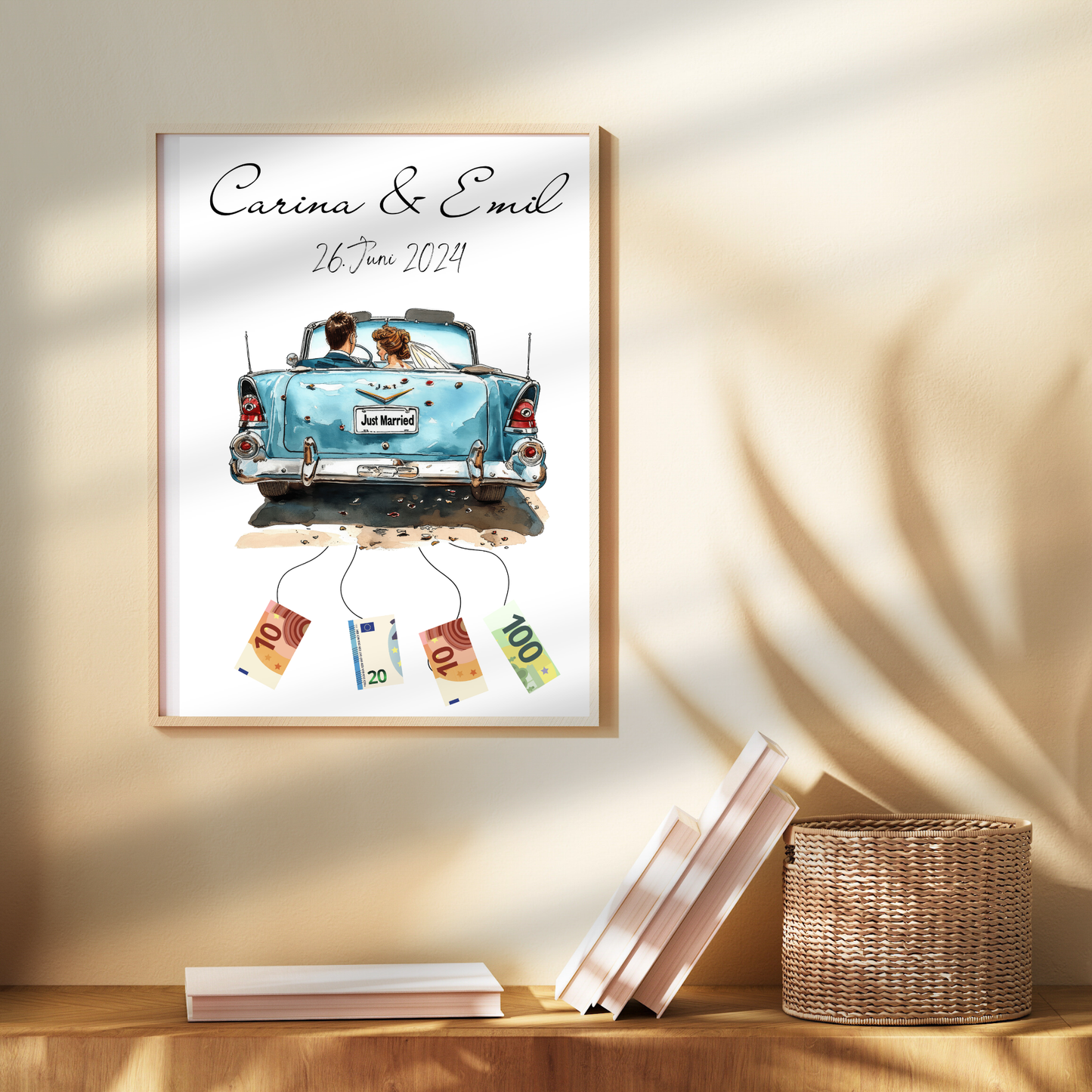 Personalisierbares Hochzeitsauto-Poster als Geldgeschenk. Digitaler Download, Last-Minute Geschenkidee für Hochzeitsreise. Einfach ausdrucken & verschenken.