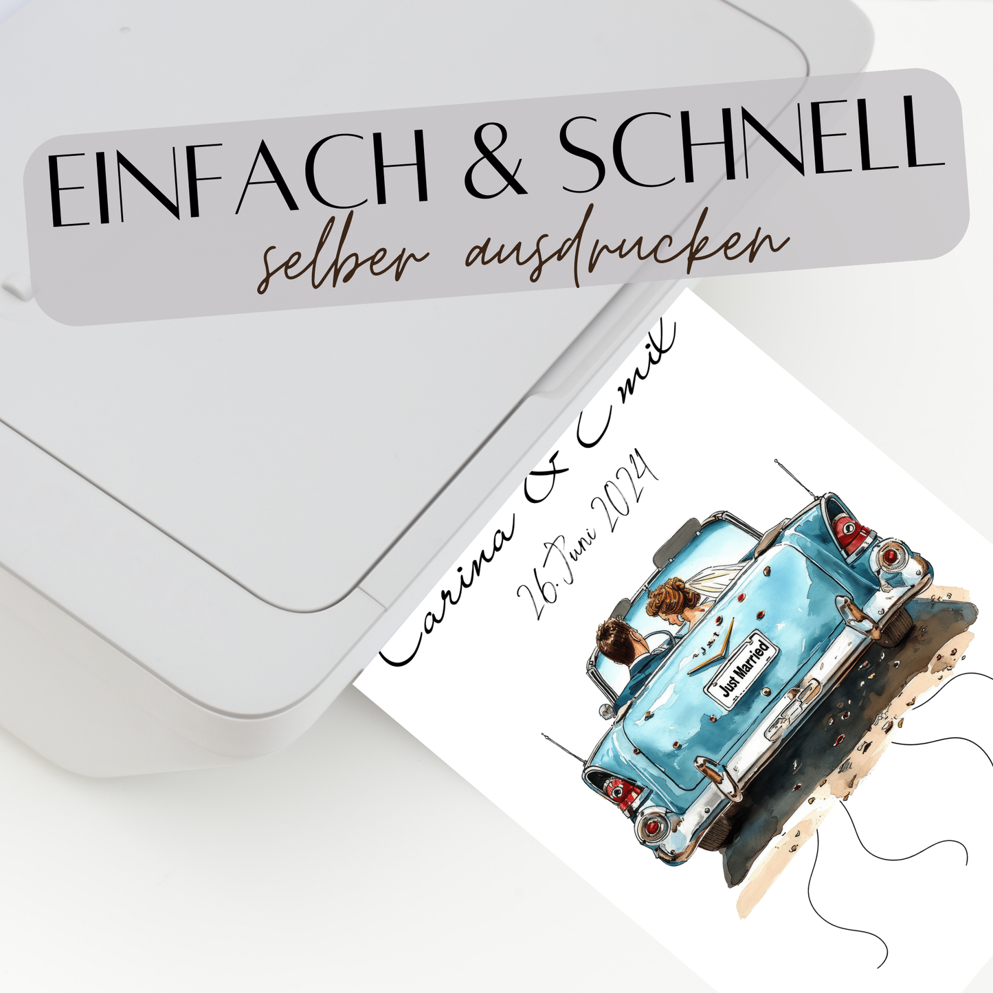 Personalisierbares Hochzeitsauto-Poster als Geldgeschenk. Digitaler Download, Last-Minute Geschenkidee für Hochzeitsreise. Einfach ausdrucken & verschenken.