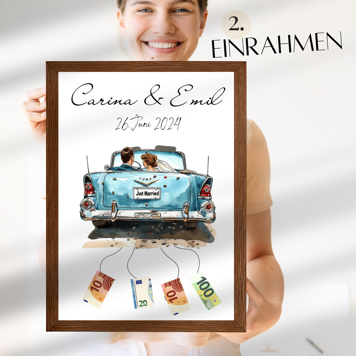 Personalisierbares Hochzeitsauto-Poster als Geldgeschenk. Digitaler Download, Last-Minute Geschenkidee für Hochzeitsreise. Einfach ausdrucken & verschenken.