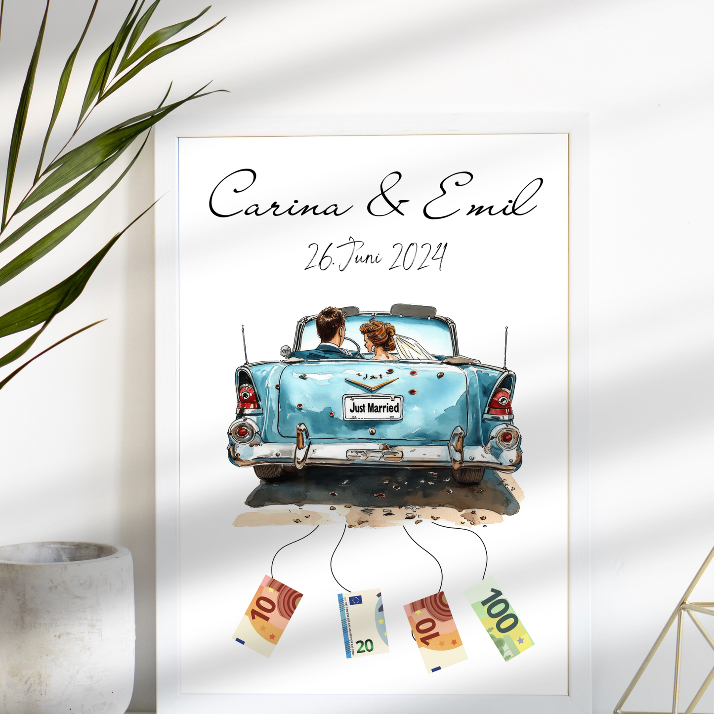 Personalisierbares Hochzeitsauto-Poster als Geldgeschenk. Digitaler Download, Last-Minute Geschenkidee für Hochzeitsreise. Einfach ausdrucken & verschenken.