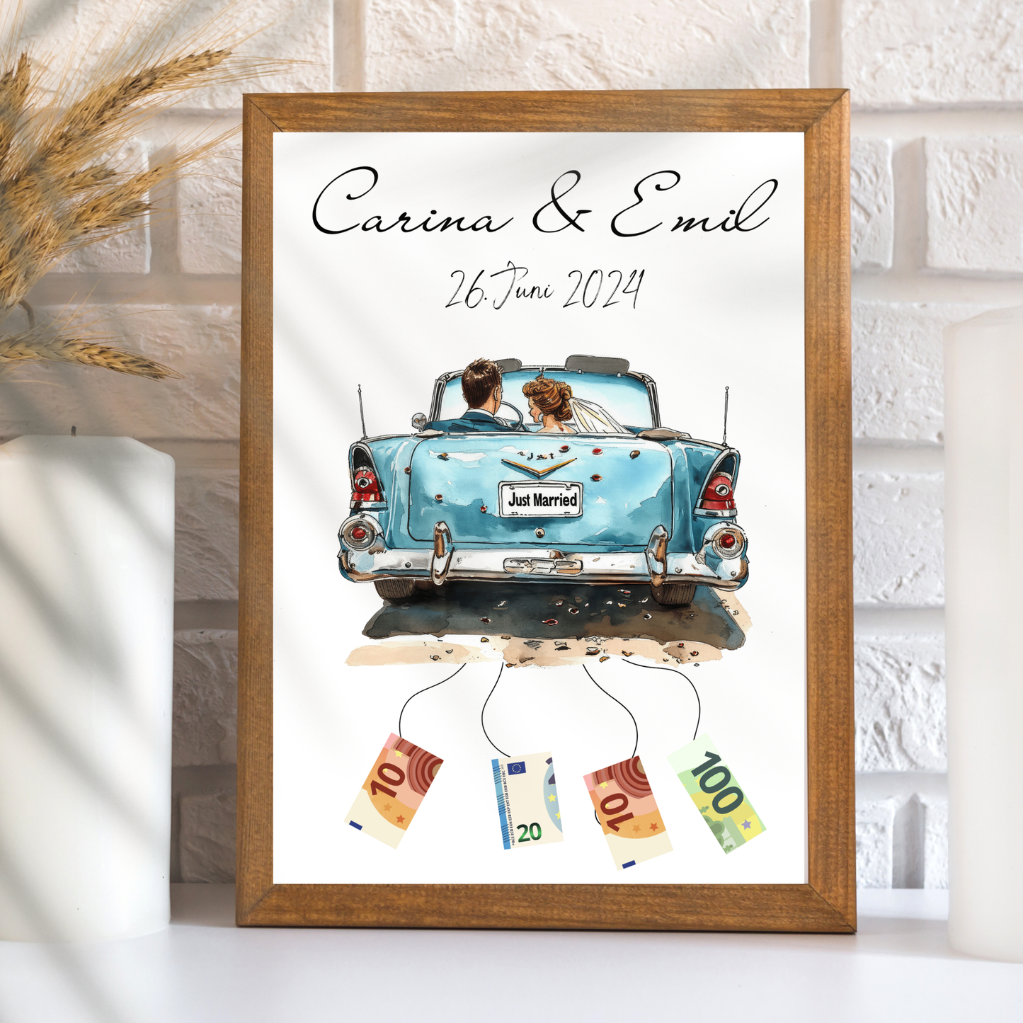 Personalisierbares Hochzeitsauto-Poster als Geldgeschenk. Digitaler Download, Last-Minute Geschenkidee für Hochzeitsreise. Einfach ausdrucken & verschenken.