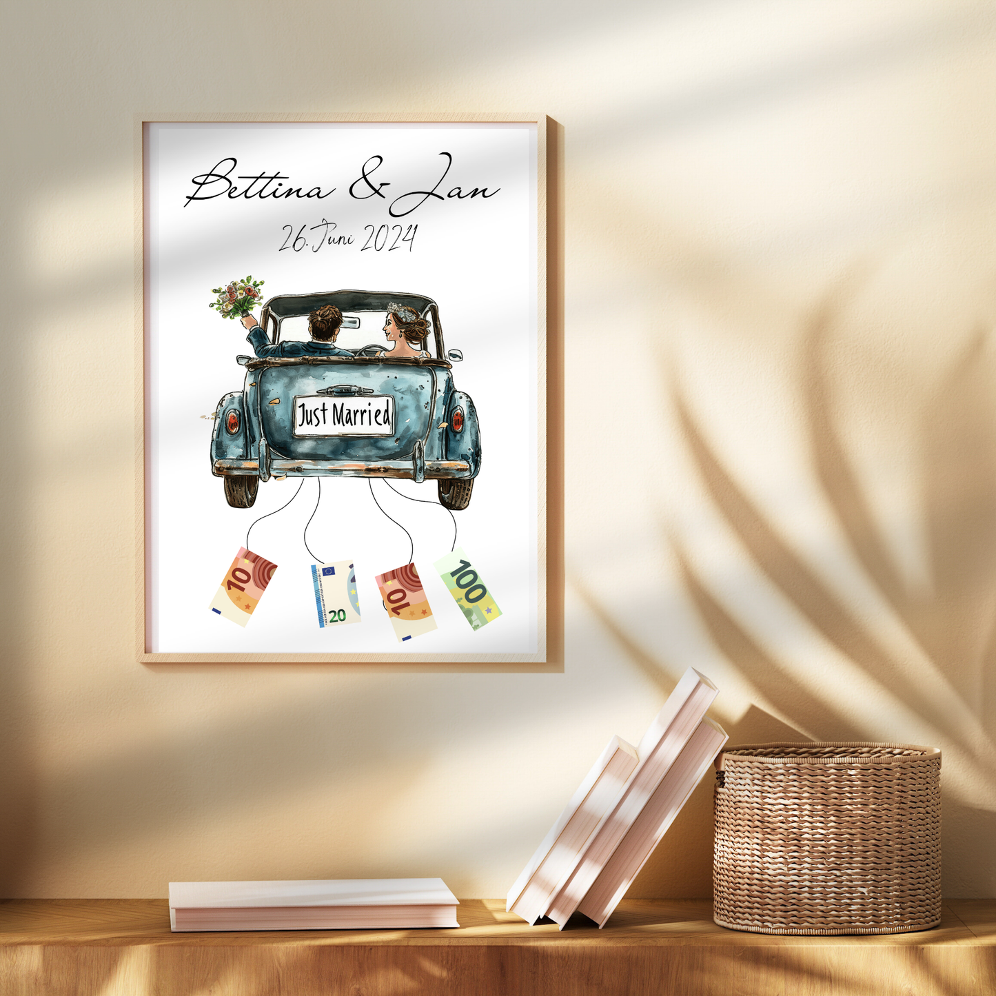Personalisierbares Hochzeitsauto-Poster in Blau als Geldgeschenk. Sofort-Download, selbst ausdrucken & rahmen. Perfektes Last-Minute Hochzeitsgeschenk.