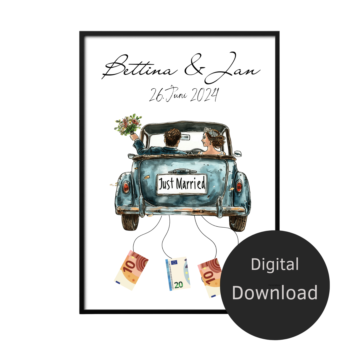 Personalisierbares Hochzeitsauto-Poster in Blau als Geldgeschenk. Sofort-Download, selbst ausdrucken & rahmen. Perfektes Last-Minute Hochzeitsgeschenk.