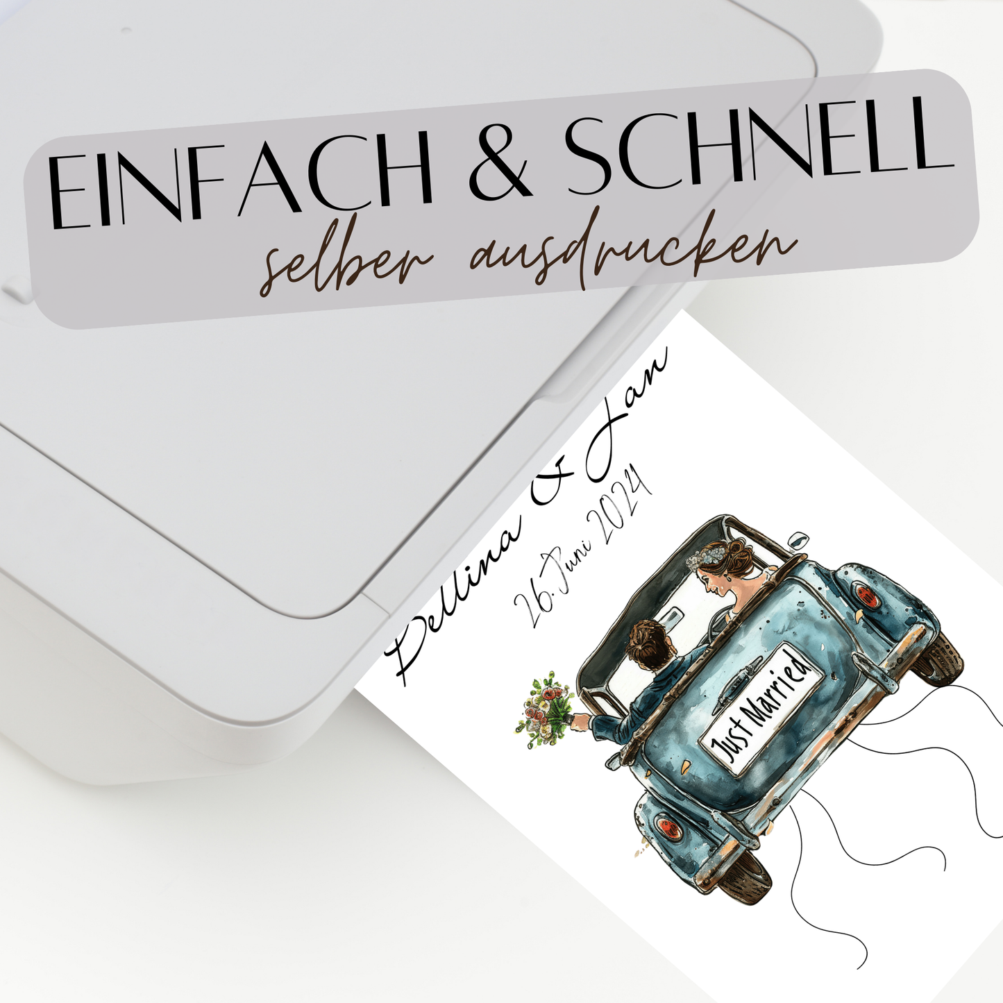 Personalisierbares Hochzeitsauto-Poster in Blau als Geldgeschenk. Sofort-Download, selbst ausdrucken & rahmen. Perfektes Last-Minute Hochzeitsgeschenk.