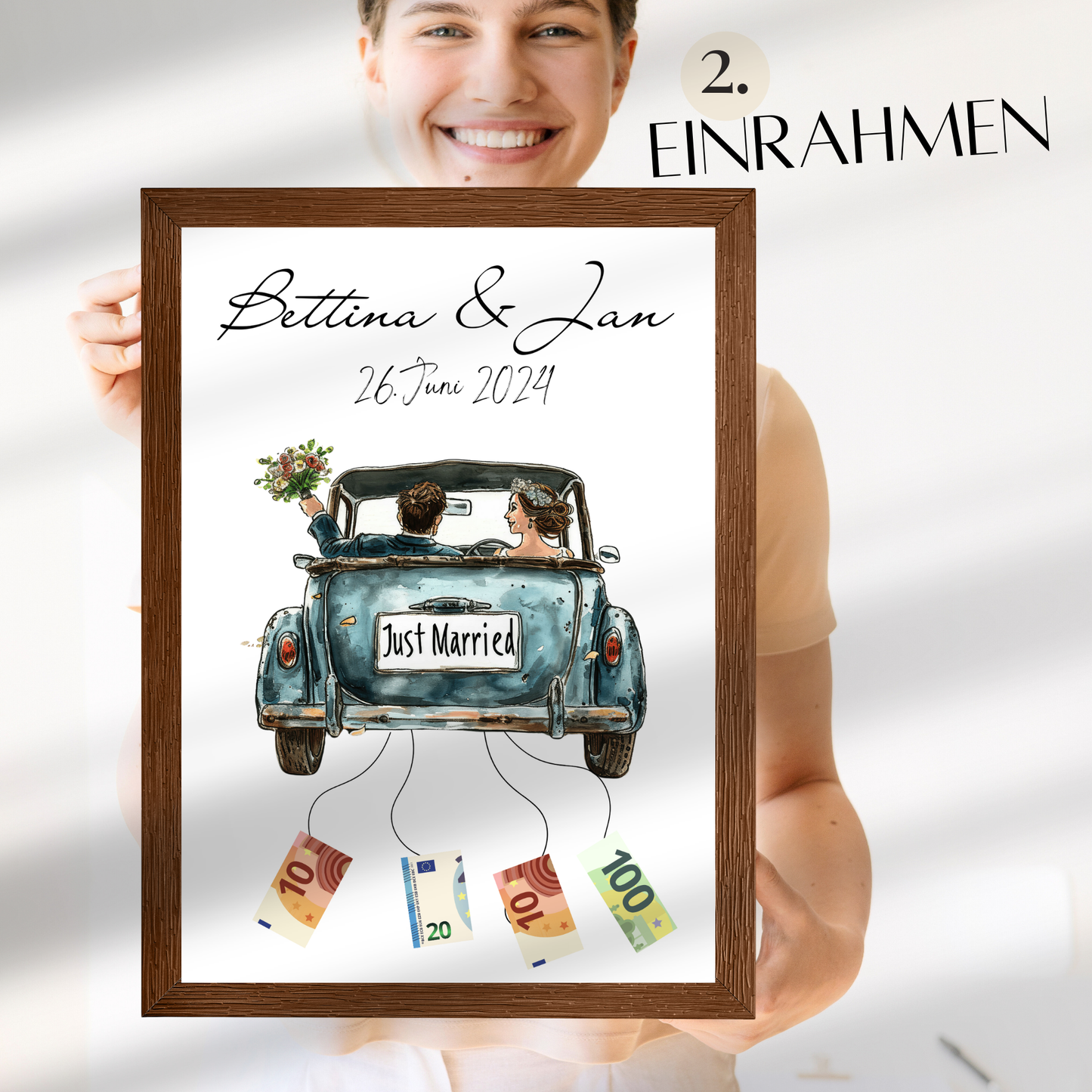 Personalisierbares Hochzeitsauto-Poster in Blau als Geldgeschenk. Sofort-Download, selbst ausdrucken & rahmen. Perfektes Last-Minute Hochzeitsgeschenk.