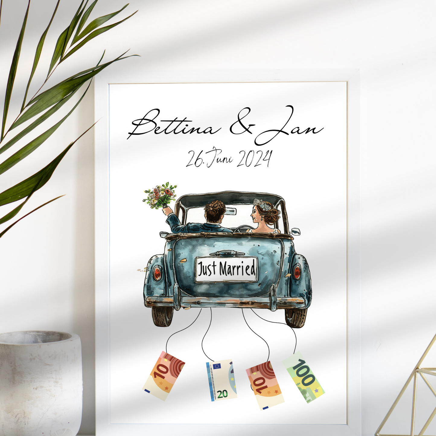 Personalisierbares Hochzeitsauto-Poster in Blau als Geldgeschenk. Sofort-Download, selbst ausdrucken & rahmen. Perfektes Last-Minute Hochzeitsgeschenk.