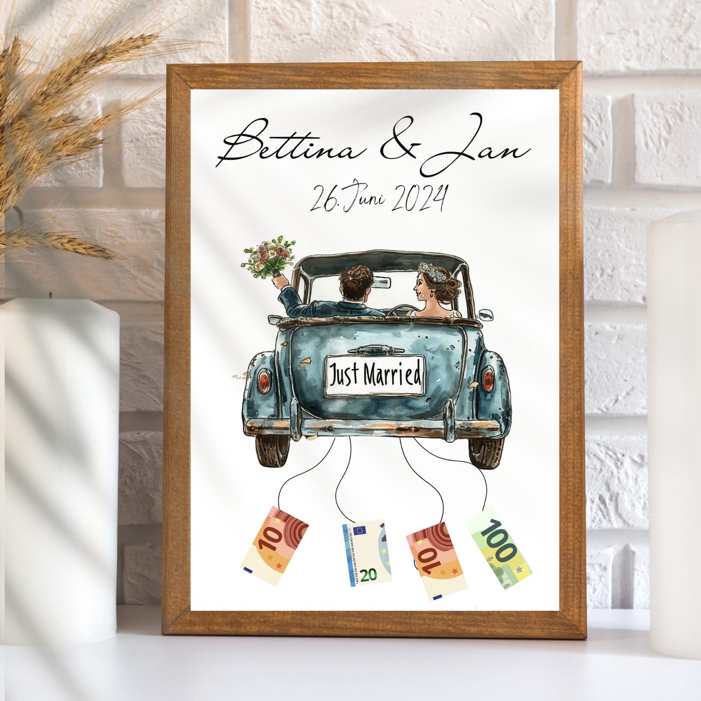 Personalisierbares Hochzeitsauto-Poster in Blau als Geldgeschenk. Sofort-Download, selbst ausdrucken & rahmen. Perfektes Last-Minute Hochzeitsgeschenk.