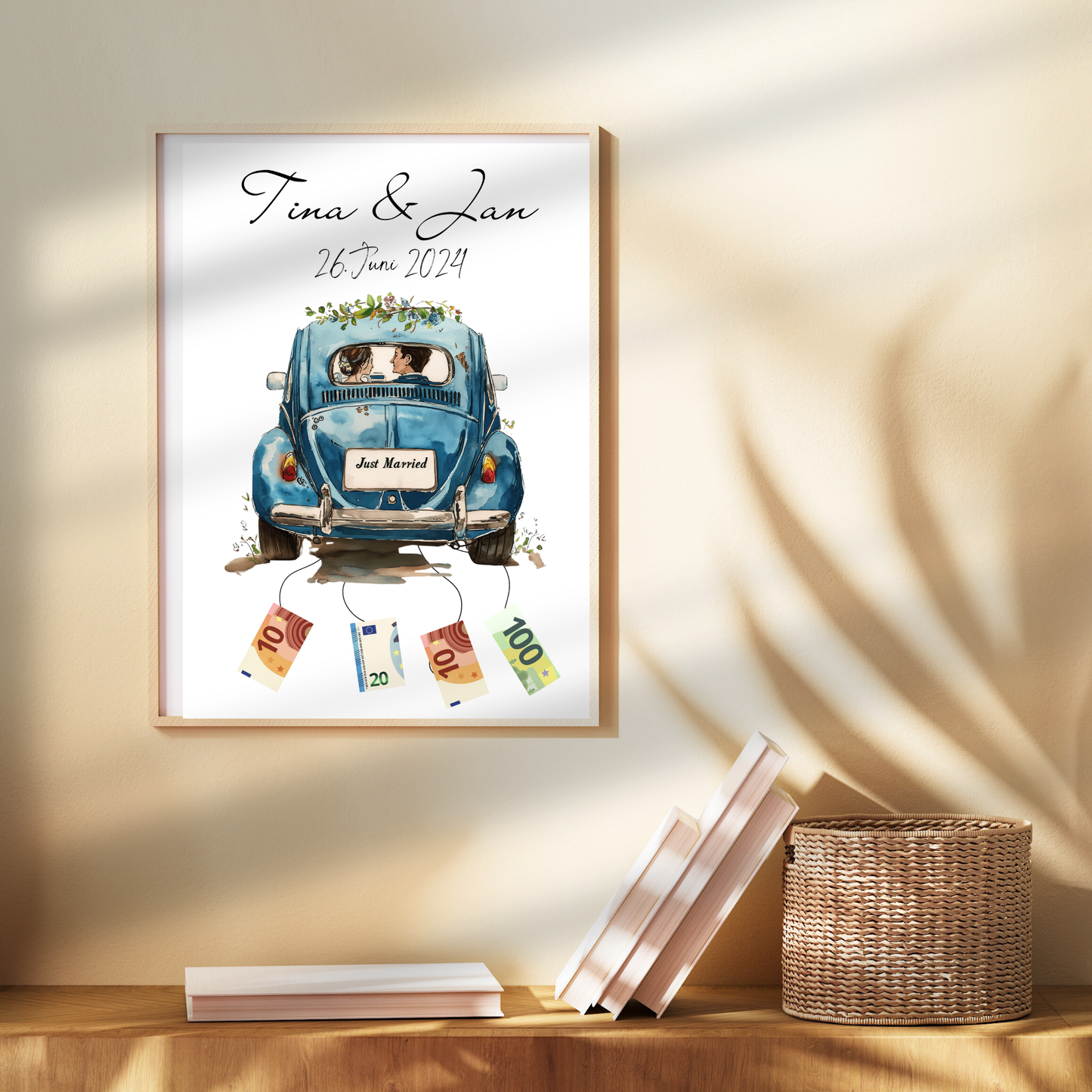 Personalisierbares Hochzeitsauto-Poster als Geldgeschenk. Sofort-Download, zum Ausdrucken & Einrahmen. Last Minute Hochzeitsgeschenkidee.