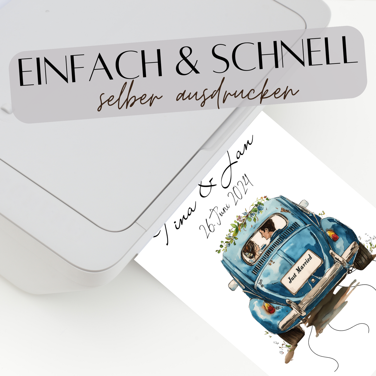 Personalisierbares Hochzeitsauto-Poster als Geldgeschenk. Sofort-Download, zum Ausdrucken & Einrahmen. Last Minute Hochzeitsgeschenkidee.