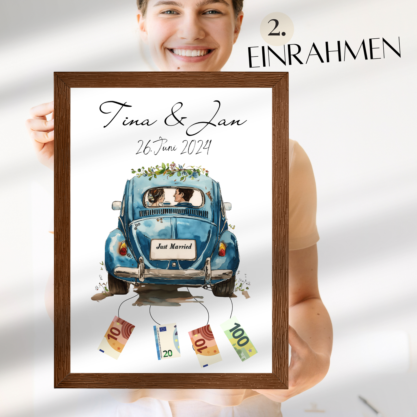 Personalisierbares Hochzeitsauto-Poster als Geldgeschenk. Sofort-Download, zum Ausdrucken & Einrahmen. Last Minute Hochzeitsgeschenkidee.