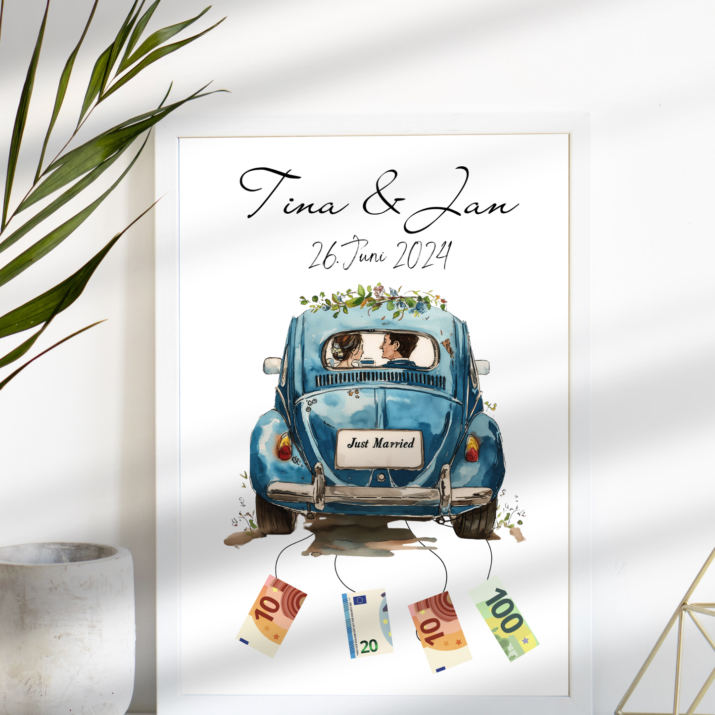Personalisierbares Hochzeitsauto-Poster als Geldgeschenk. Sofort-Download, zum Ausdrucken & Einrahmen. Last Minute Hochzeitsgeschenkidee.