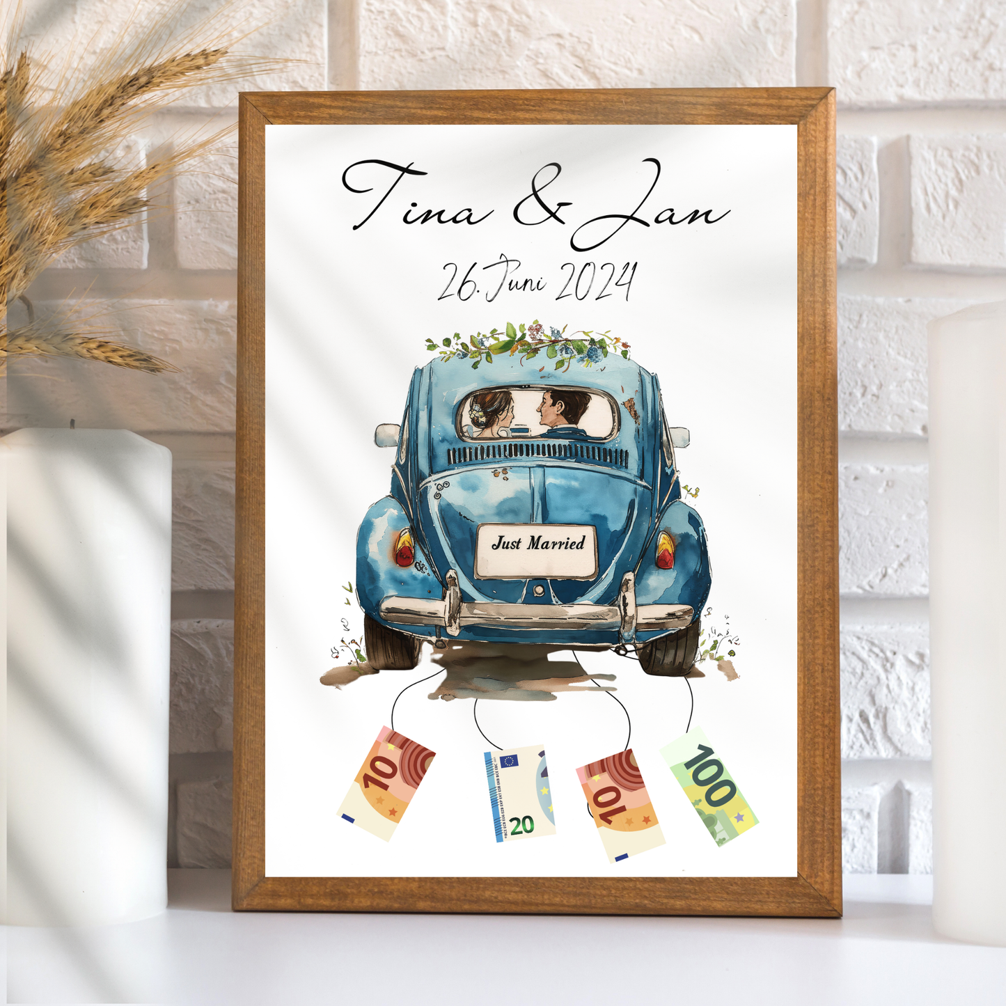 Personalisierbares Hochzeitsauto-Poster als Geldgeschenk. Sofort-Download, zum Ausdrucken & Einrahmen. Last Minute Hochzeitsgeschenkidee.