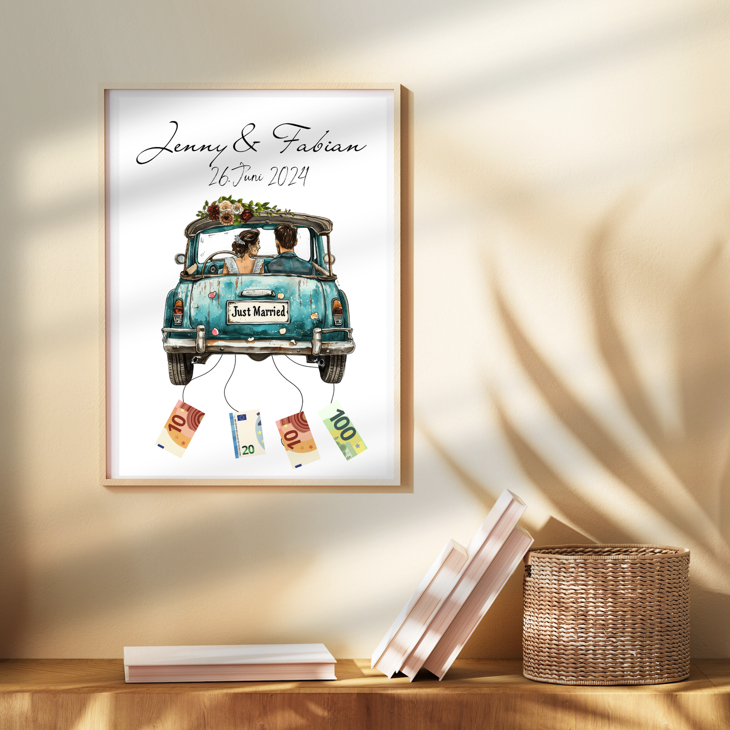 Kreatives Geldgeschenk zur Hochzeit – personalisiertes Hochzeitsauto-Poster als Digital-Download. Einfach ausdrucken, Geldscheine befestigen & einrahmen. Last-Minute-Geschenkidee für Hochzeitsreise.