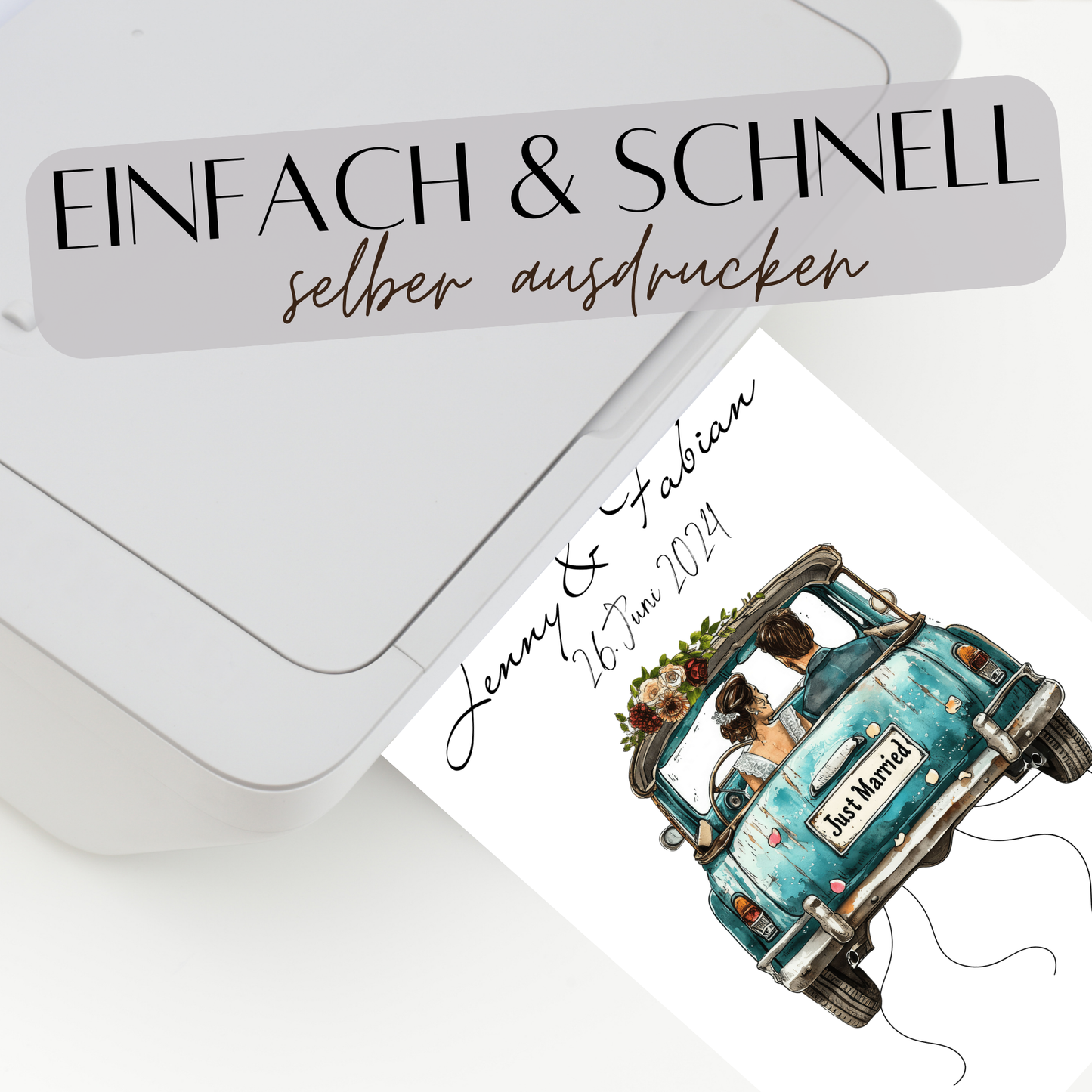 Kreatives Geldgeschenk zur Hochzeit – personalisiertes Hochzeitsauto-Poster als Digital-Download. Einfach ausdrucken, Geldscheine befestigen & einrahmen. Last-Minute-Geschenkidee für Hochzeitsreise.
