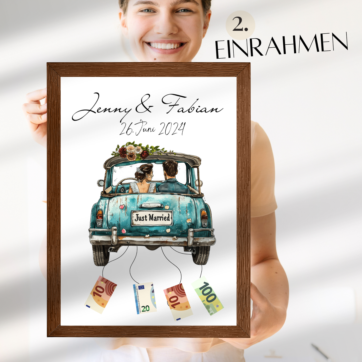 Kreatives Geldgeschenk zur Hochzeit – personalisiertes Hochzeitsauto-Poster als Digital-Download. Einfach ausdrucken, Geldscheine befestigen & einrahmen. Last-Minute-Geschenkidee für Hochzeitsreise.
