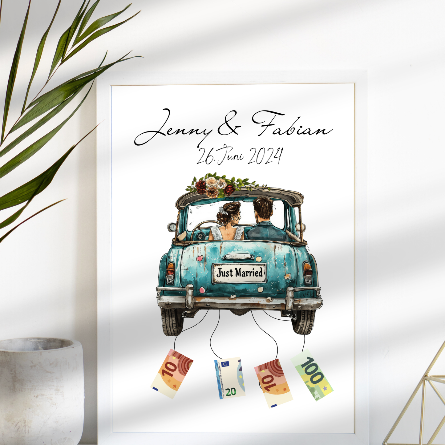 Kreatives Geldgeschenk zur Hochzeit – personalisiertes Hochzeitsauto-Poster als Digital-Download. Einfach ausdrucken, Geldscheine befestigen & einrahmen. Last-Minute-Geschenkidee für Hochzeitsreise.