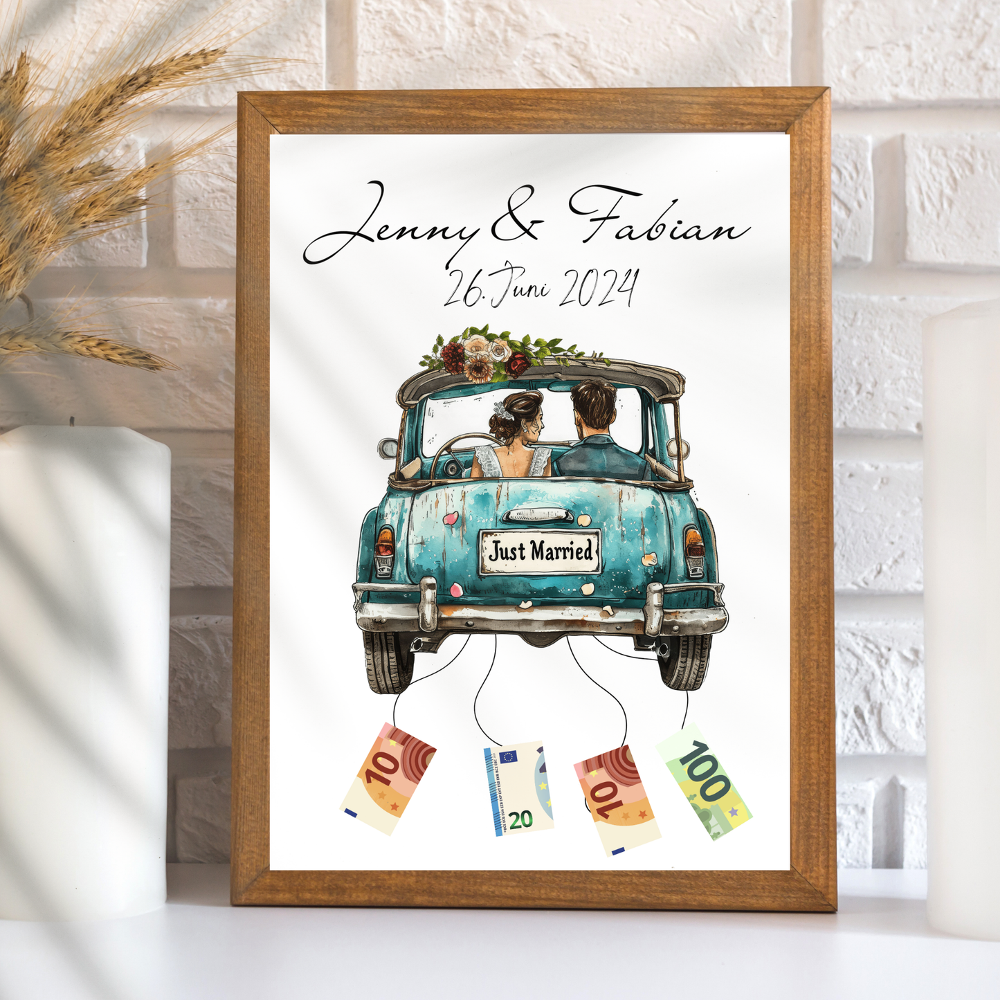 Kreatives Geldgeschenk zur Hochzeit – personalisiertes Hochzeitsauto-Poster als Digital-Download. Einfach ausdrucken, Geldscheine befestigen & einrahmen. Last-Minute-Geschenkidee für Hochzeitsreise.