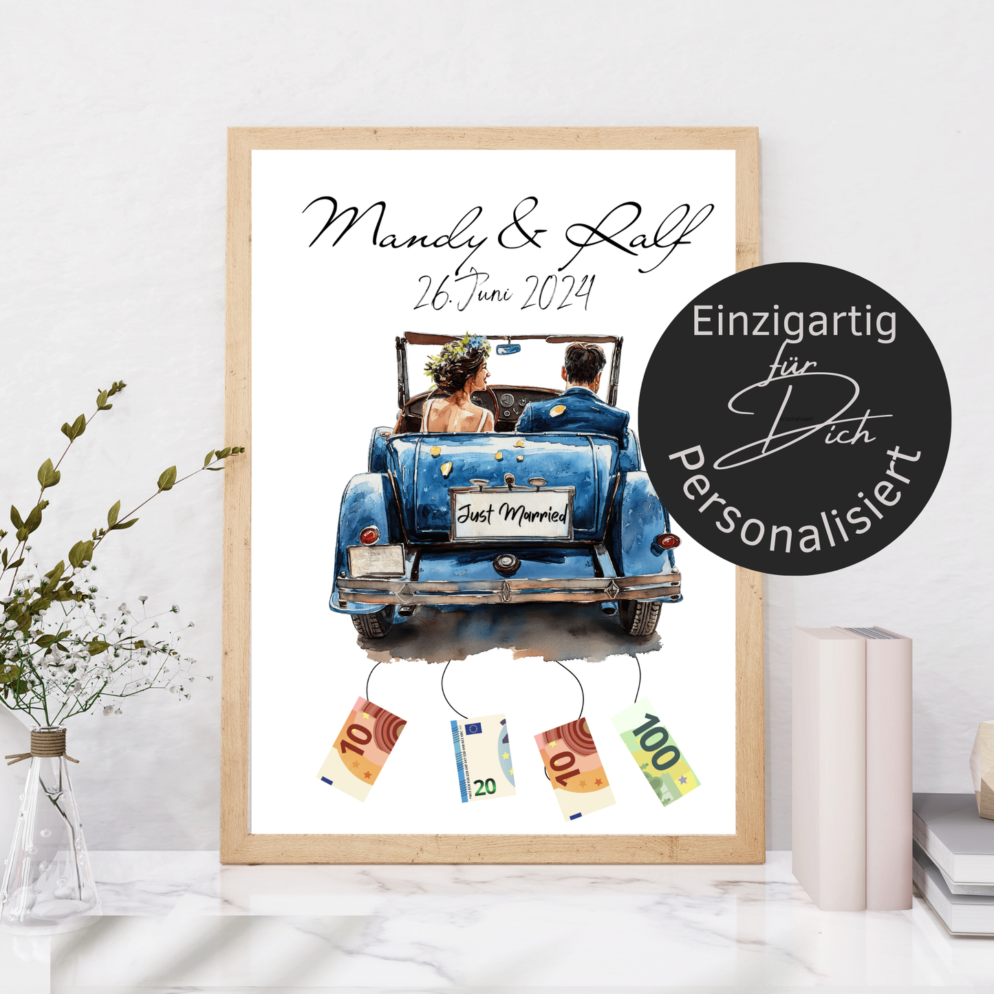Personalisierbares Geldgeschenk zur Hochzeit mit Brautpaar im Auto. Digitaler Download, sofort ausdruckbar – perfekt für Hochzeitsreise & Last Minute.