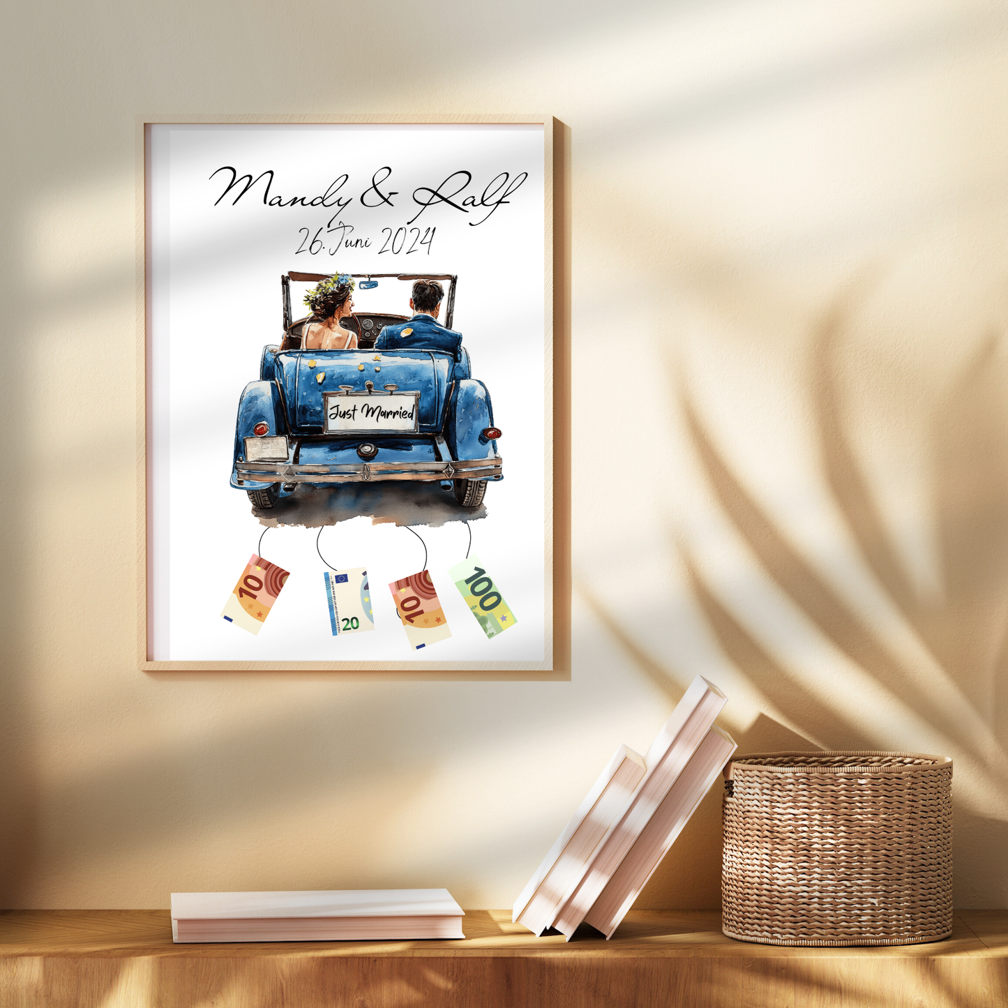 Personalisierbares Geldgeschenk zur Hochzeit mit Brautpaar im Auto. Digitaler Download, sofort ausdruckbar – perfekt für Hochzeitsreise & Last Minute.