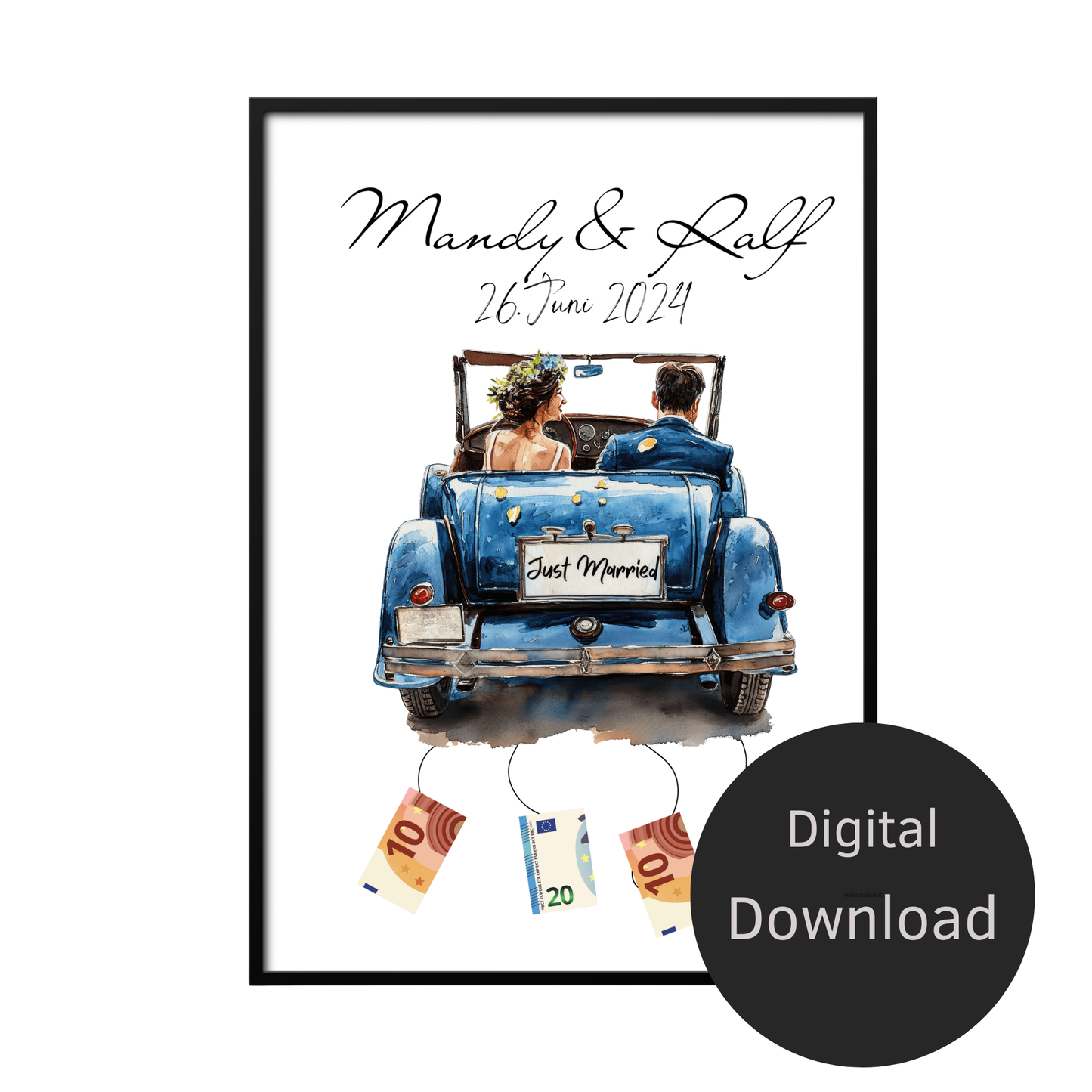 Personalisierbares Geldgeschenk zur Hochzeit mit Brautpaar im Auto. Digitaler Download, sofort ausdruckbar – perfekt für Hochzeitsreise & Last Minute.