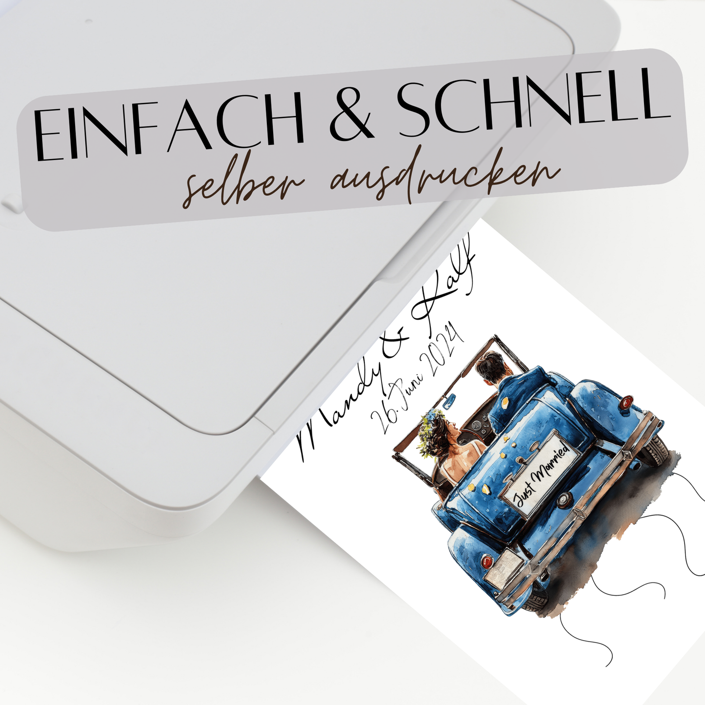 Personalisierbares Geldgeschenk zur Hochzeit mit Brautpaar im Auto. Digitaler Download, sofort ausdruckbar – perfekt für Hochzeitsreise & Last Minute.