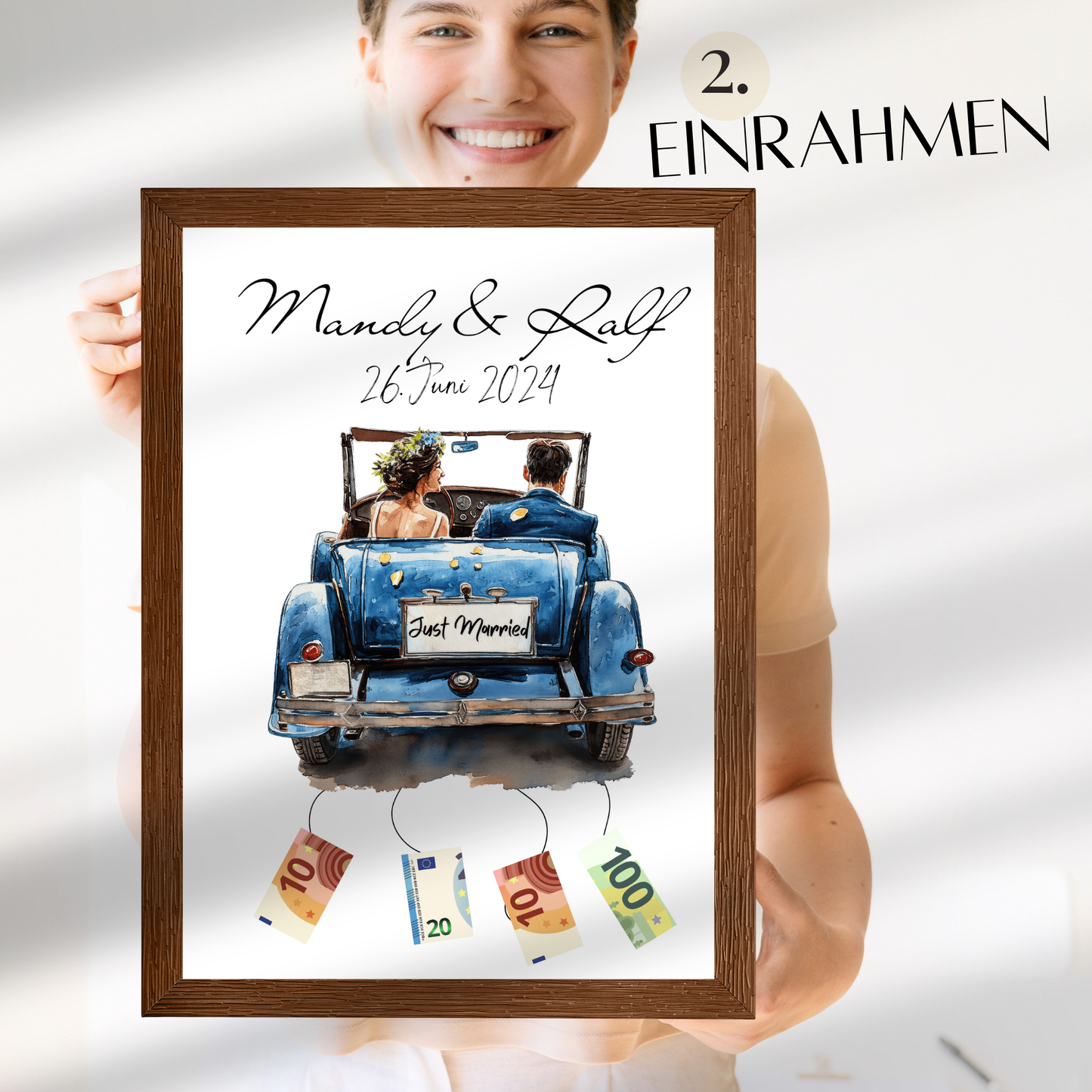 Personalisierbares Geldgeschenk zur Hochzeit mit Brautpaar im Auto. Digitaler Download, sofort ausdruckbar – perfekt für Hochzeitsreise & Last Minute.
