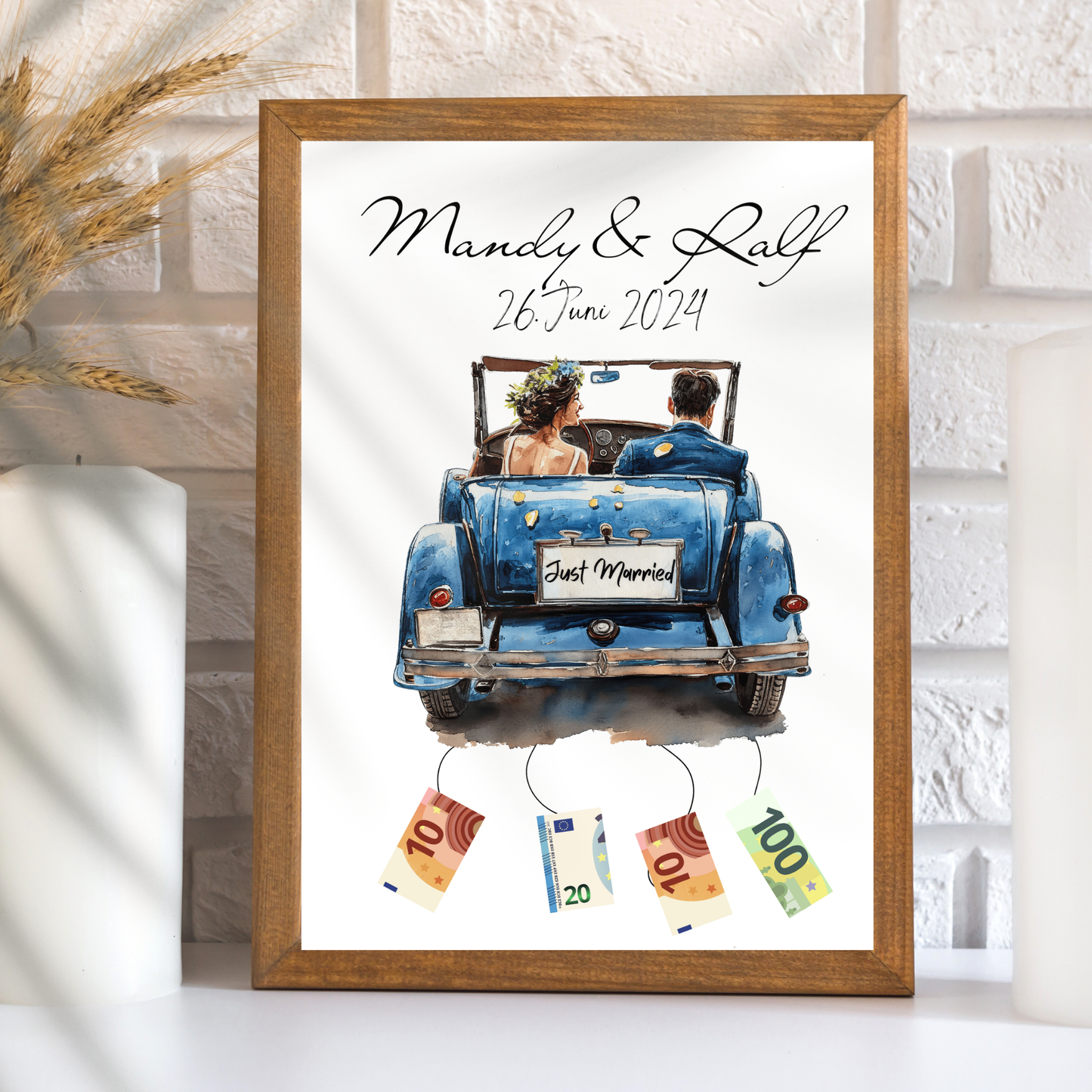 Personalisierbares Geldgeschenk zur Hochzeit mit Brautpaar im Auto. Digitaler Download, sofort ausdruckbar – perfekt für Hochzeitsreise & Last Minute.