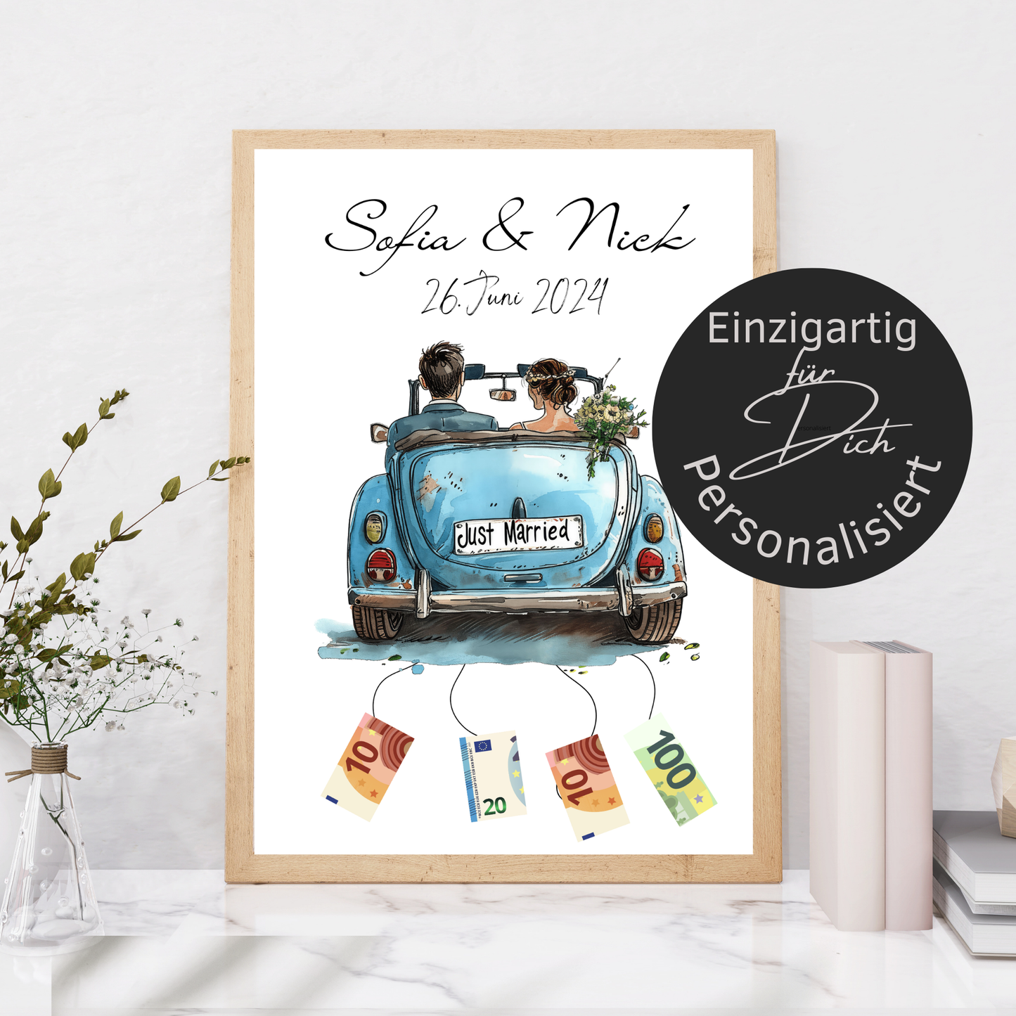 Originelles Geldgeschenk Hochzeit mit Hochzeitsauto | Personalisiert mit Namen & Datum | Digitaler Download | Perfekt für Flitterwochen & Last-Minute.