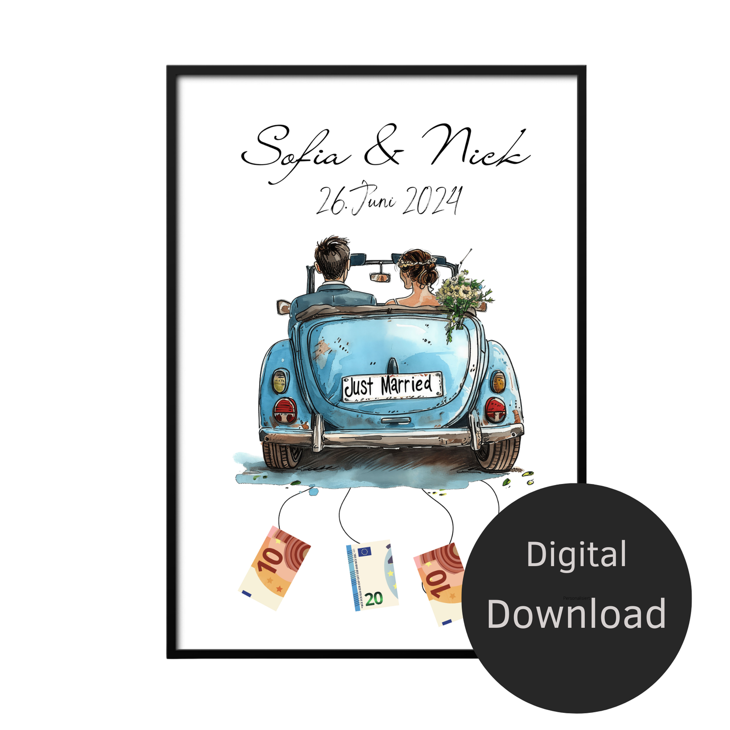 Originelles Geldgeschenk Hochzeit mit Hochzeitsauto | Personalisiert mit Namen & Datum | Digitaler Download | Perfekt für Flitterwochen & Last-Minute.