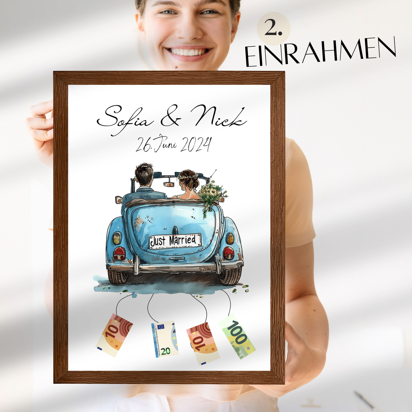 Originelles Geldgeschenk Hochzeit mit Hochzeitsauto | Personalisiert mit Namen & Datum | Digitaler Download | Perfekt für Flitterwochen & Last-Minute.
