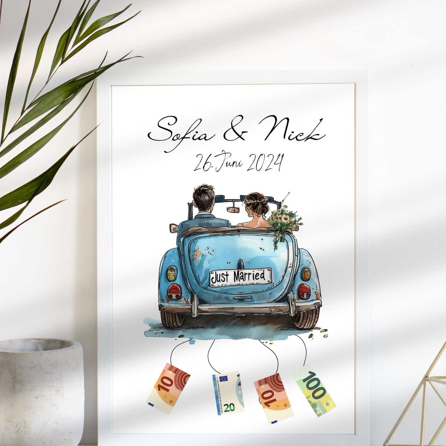 Originelles Geldgeschenk Hochzeit mit Hochzeitsauto | Personalisiert mit Namen & Datum | Digitaler Download | Perfekt für Flitterwochen & Last-Minute.