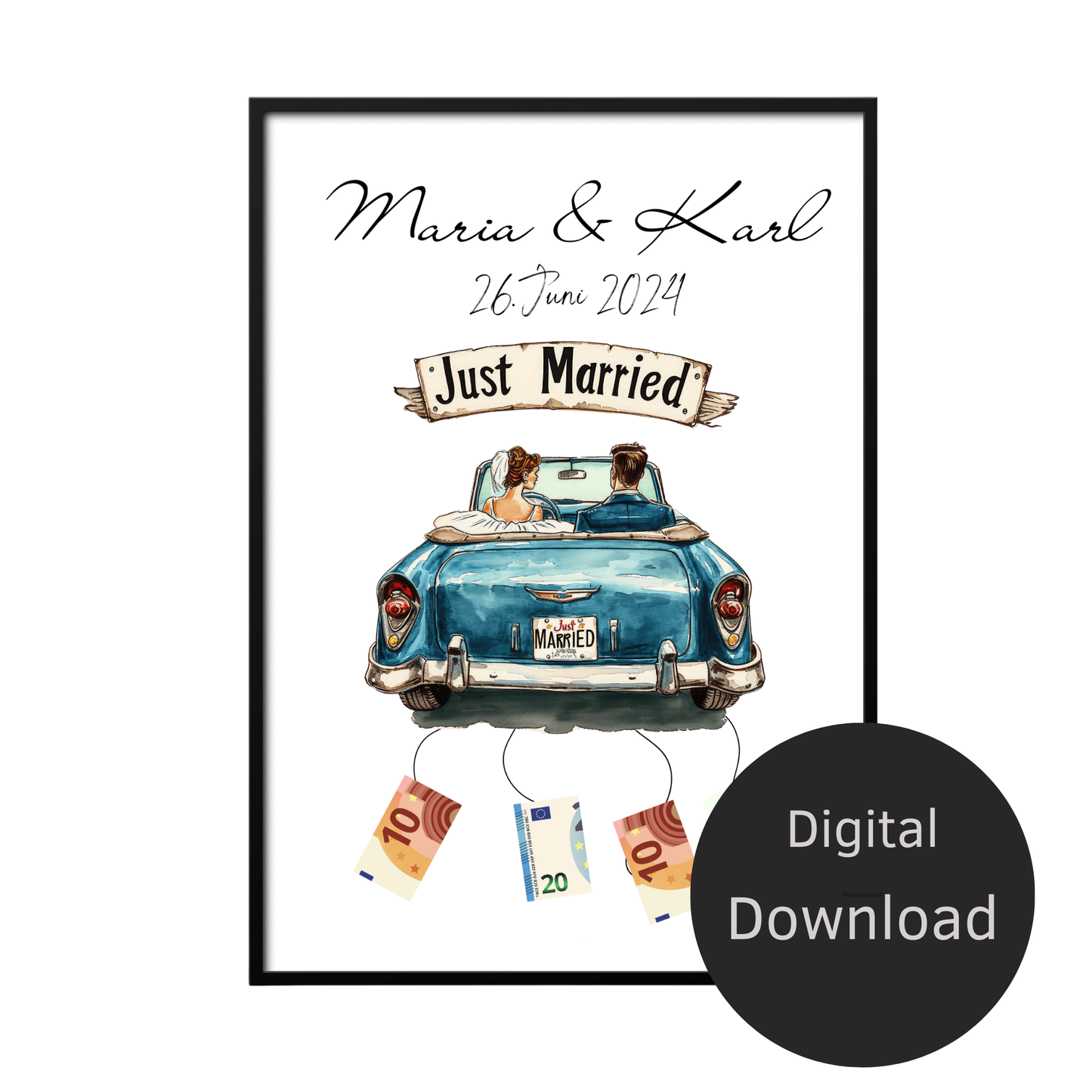 Originelles Geldgeschenk zur Hochzeit im Hochzeitsauto-Design. Personalisierbar, sofort ausdrucken & verschenken. Perfekt für Flitterwochen!