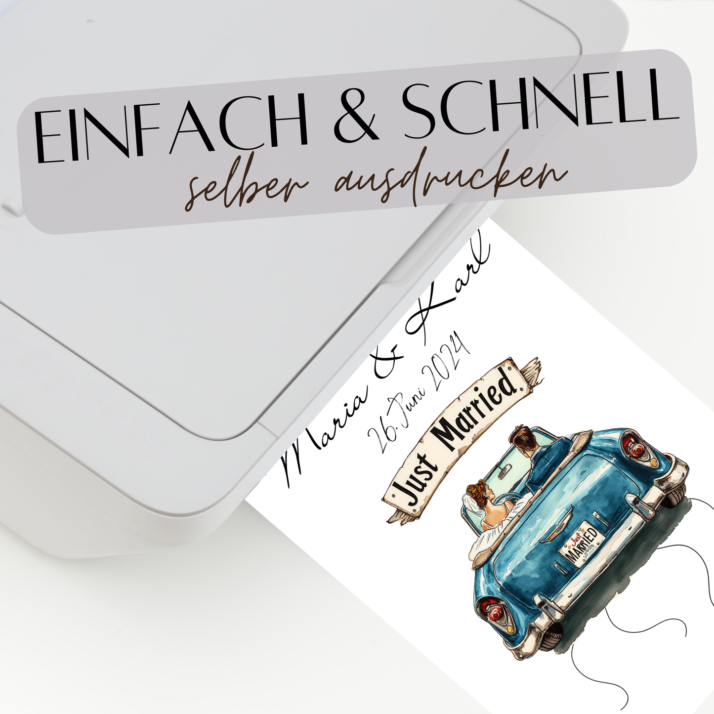 Originelles Geldgeschenk zur Hochzeit im Hochzeitsauto-Design. Personalisierbar, sofort ausdrucken & verschenken. Perfekt für Flitterwochen!