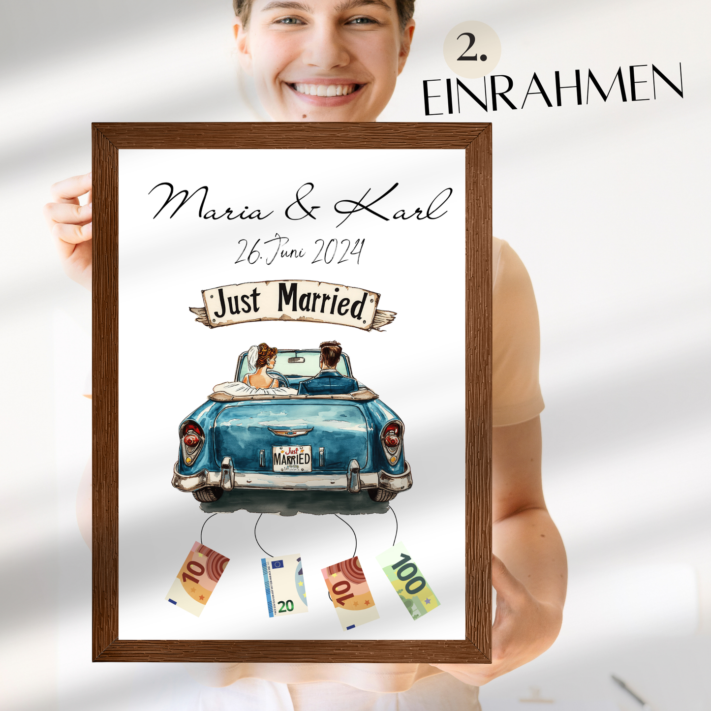 Originelles Geldgeschenk zur Hochzeit im Hochzeitsauto-Design. Personalisierbar, sofort ausdrucken & verschenken. Perfekt für Flitterwochen!