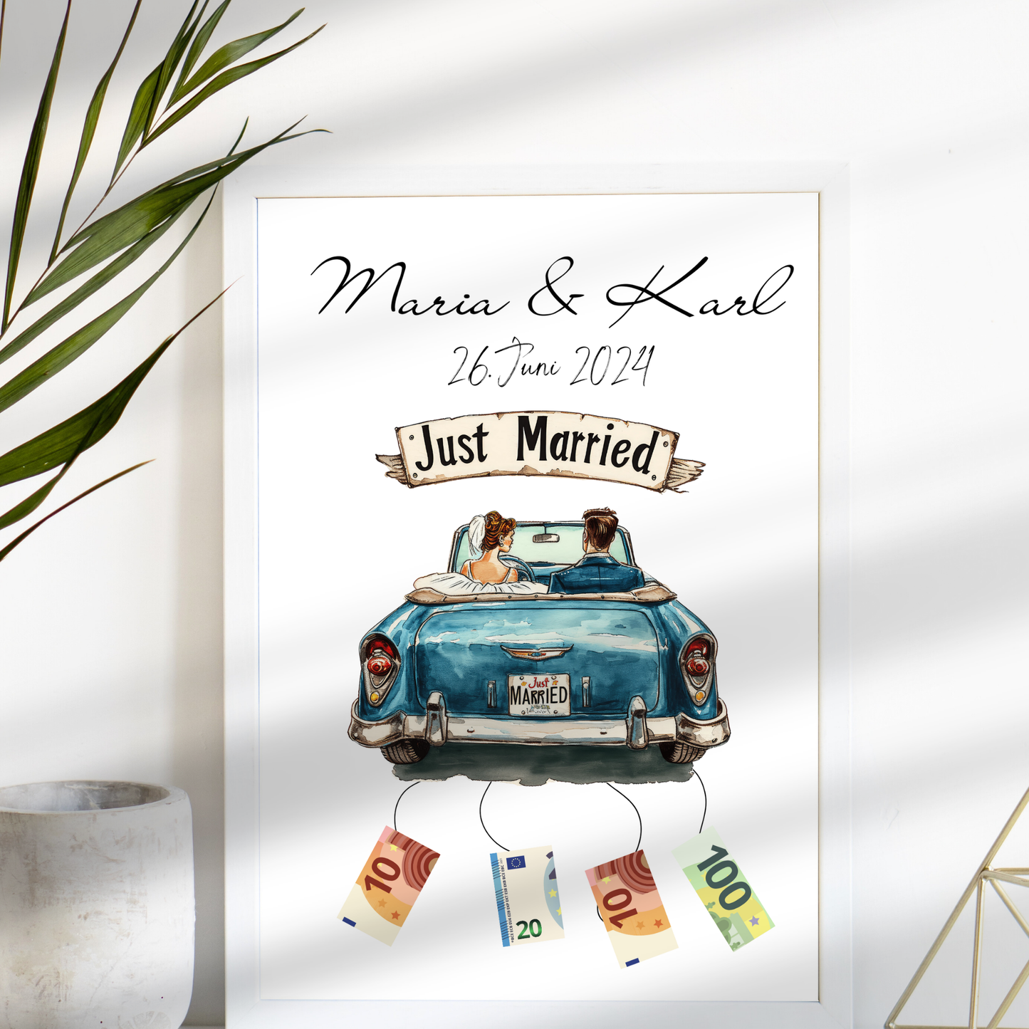 Originelles Geldgeschenk zur Hochzeit im Hochzeitsauto-Design. Personalisierbar, sofort ausdrucken & verschenken. Perfekt für Flitterwochen!