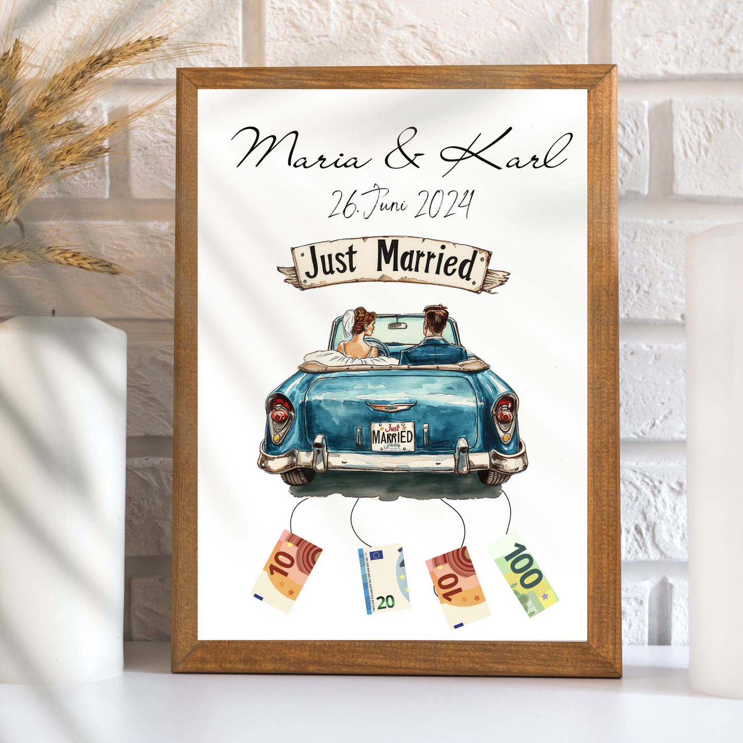 Originelles Geldgeschenk zur Hochzeit im Hochzeitsauto-Design. Personalisierbar, sofort ausdrucken & verschenken. Perfekt für Flitterwochen!