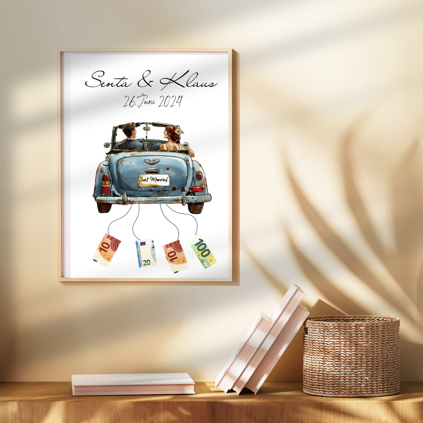 Personalisiertes Geldgeschenk zur Hochzeit mit Braut & Bräutigam im Auto. Sofort-Download, ausdrucken, Geld befestigen & verschenken.