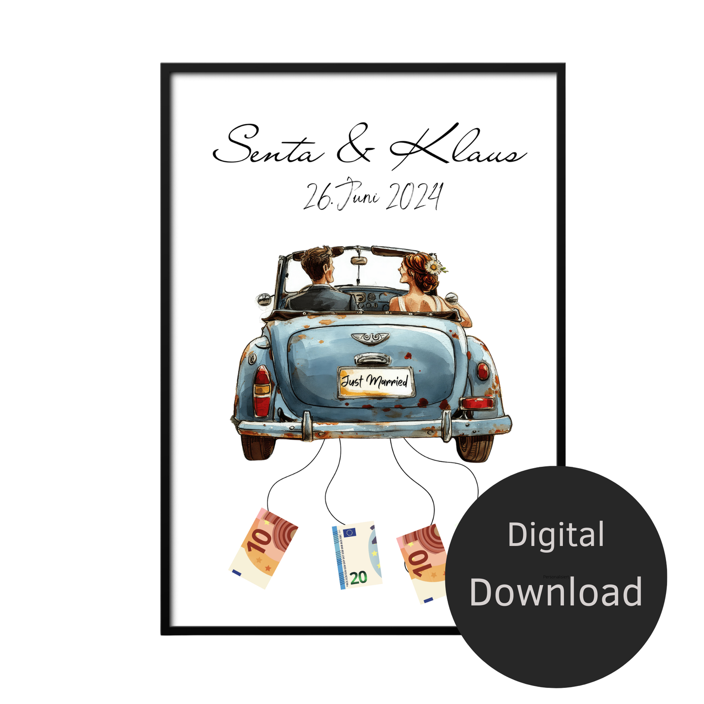 Personalisiertes Geldgeschenk zur Hochzeit mit Braut & Bräutigam im Auto. Sofort-Download, ausdrucken, Geld befestigen & verschenken.