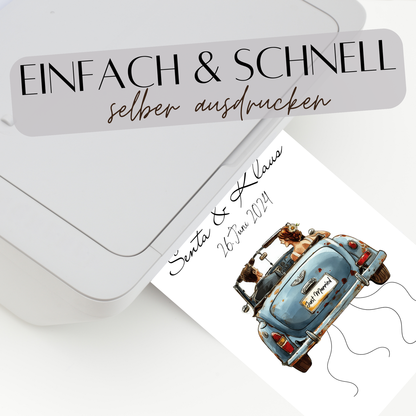 Personalisiertes Geldgeschenk zur Hochzeit mit Braut & Bräutigam im Auto. Sofort-Download, ausdrucken, Geld befestigen & verschenken.