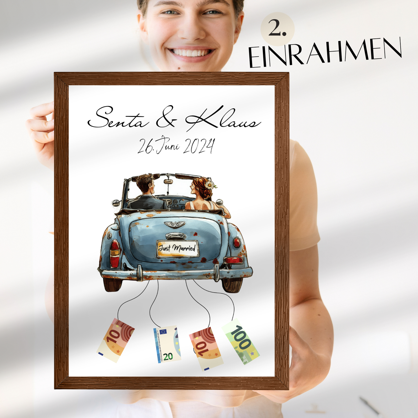 Personalisiertes Geldgeschenk zur Hochzeit mit Braut & Bräutigam im Auto. Sofort-Download, ausdrucken, Geld befestigen & verschenken.