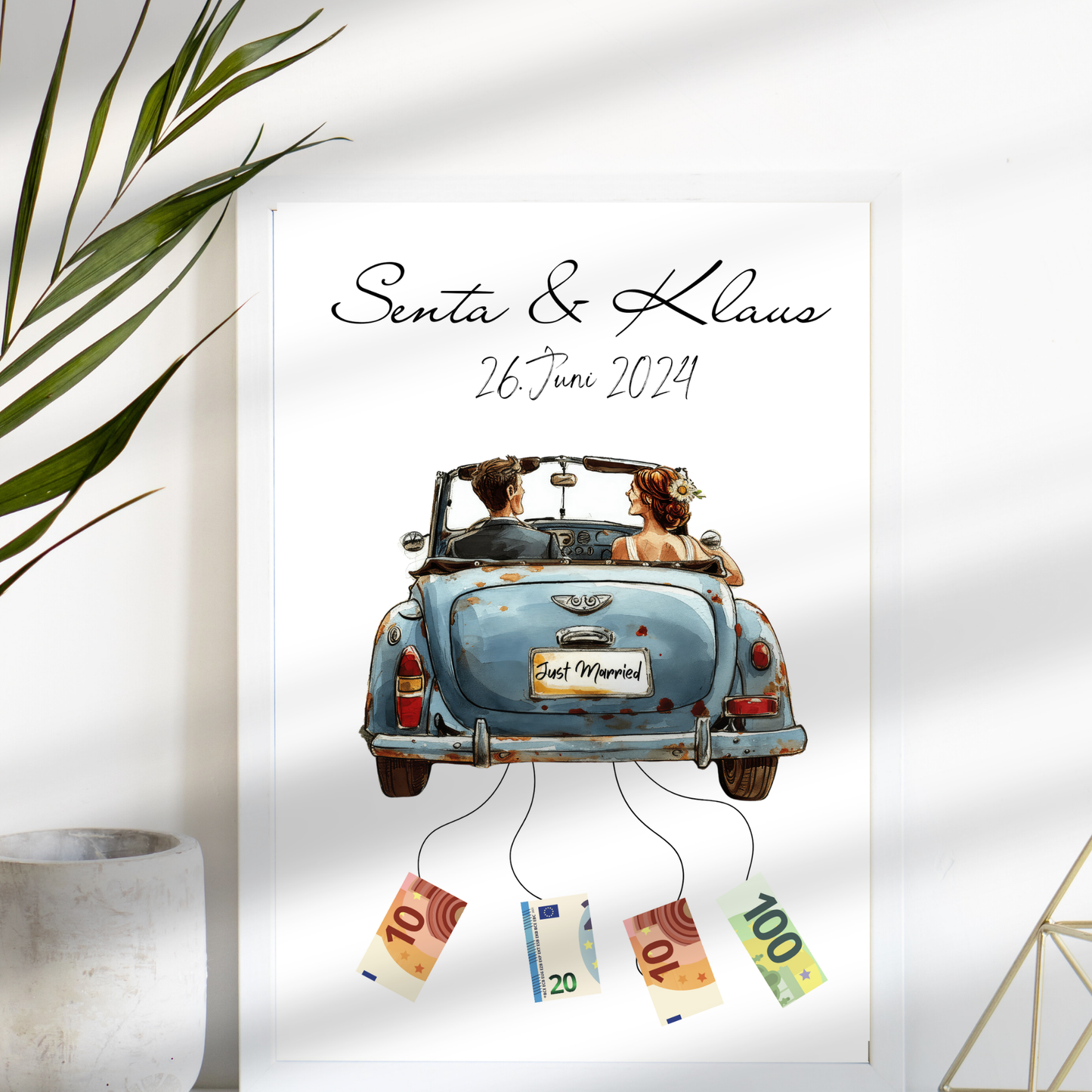 Personalisiertes Geldgeschenk zur Hochzeit mit Braut & Bräutigam im Auto. Sofort-Download, ausdrucken, Geld befestigen & verschenken.