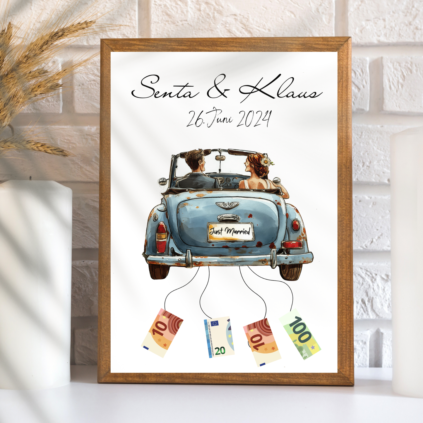 Personalisiertes Geldgeschenk zur Hochzeit mit Braut & Bräutigam im Auto. Sofort-Download, ausdrucken, Geld befestigen & verschenken.